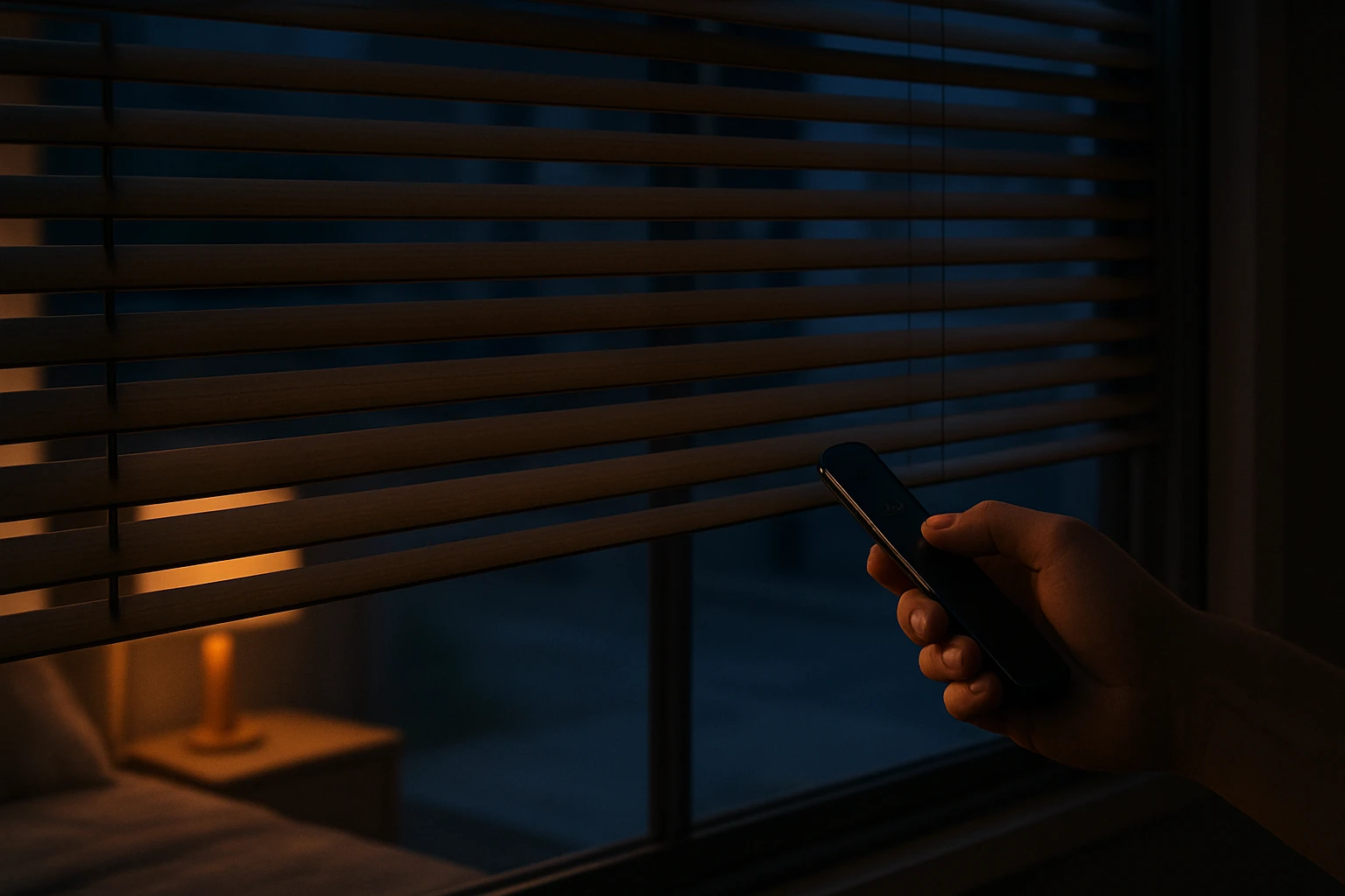 Horizontal venetian blinds closed in a ground-floor bedroom at dusk with warm interior light filtering through the slats.