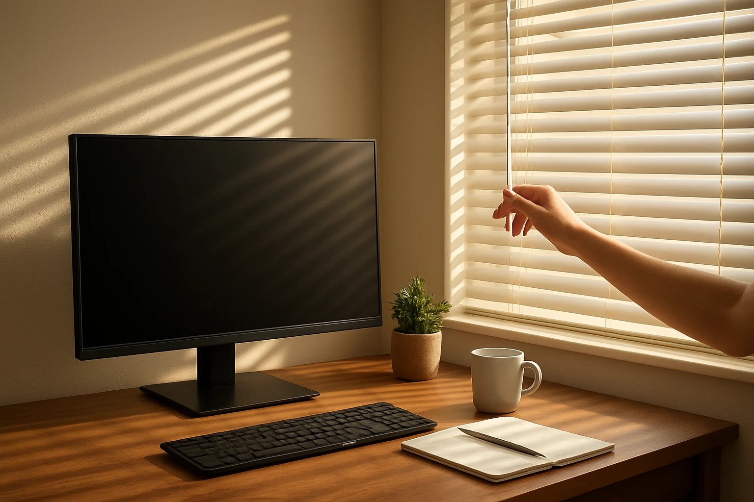 Horizontal venetian blinds tilted to deflect afternoon sun beside a home office desk, reducing glare on a nearby computer mon