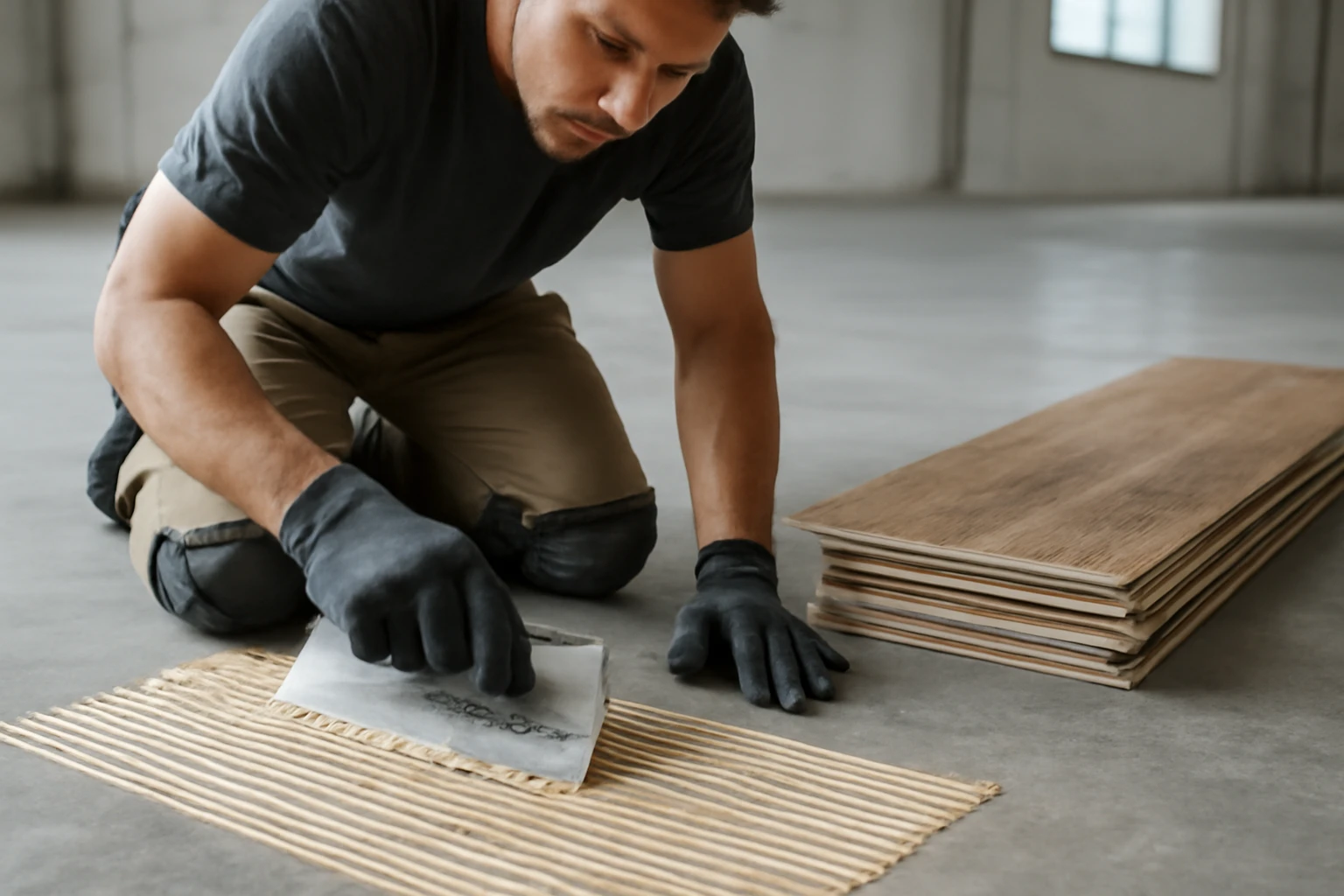 Installer applying notched-trowel adhesive to a concrete subfloor while preparing glue-down SPC flooring with planks stacked 