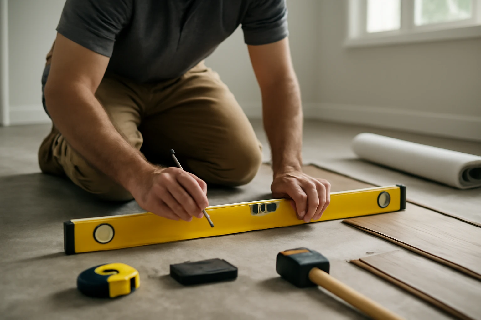 Installer checking subfloor flatness with a long level next to SPC rigid-core planks and underlayment in a sunlit room.
