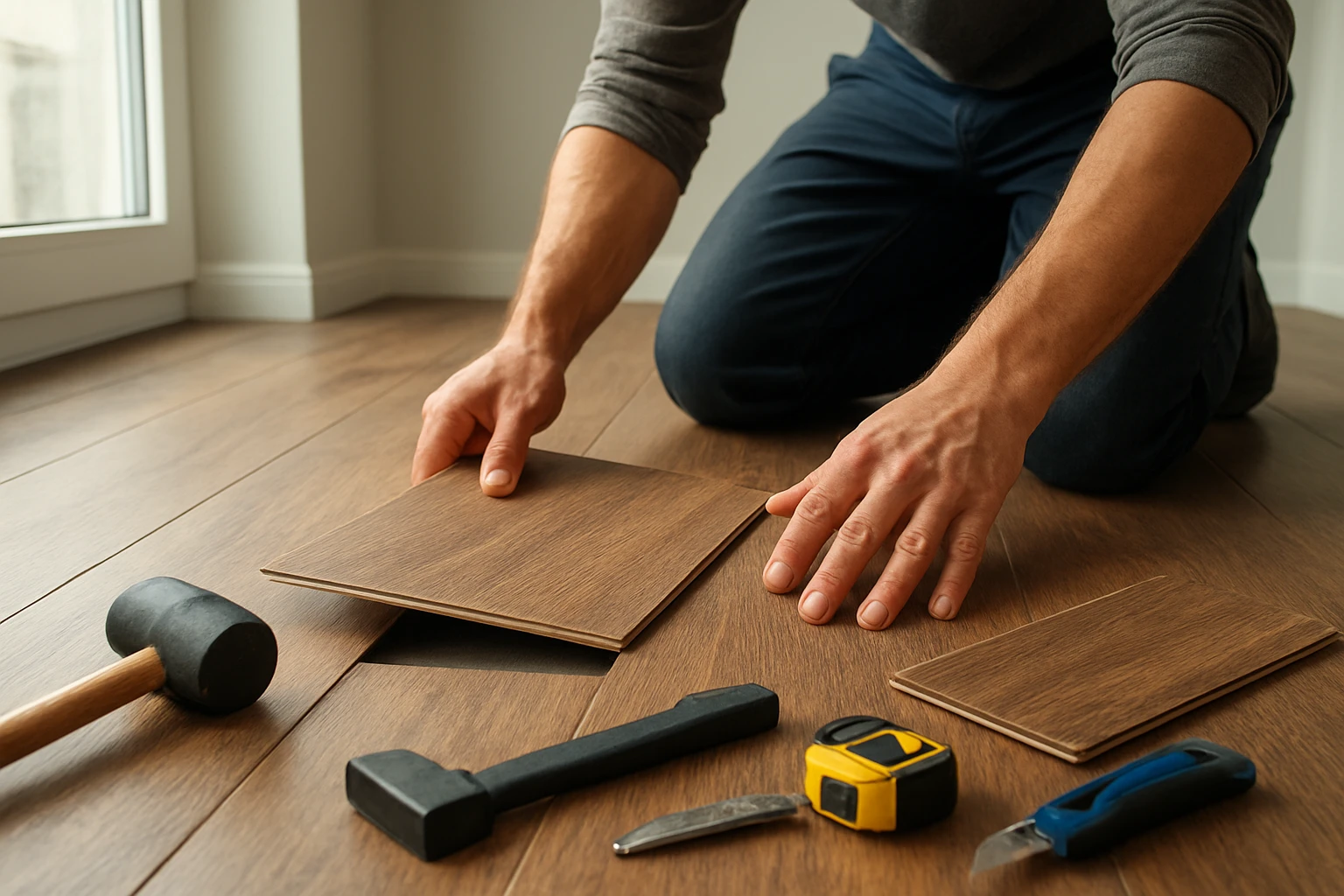 Installer fitting a replacement vinyl plank into a gap, hands aligning the plank next to a removed board with tools nearby.