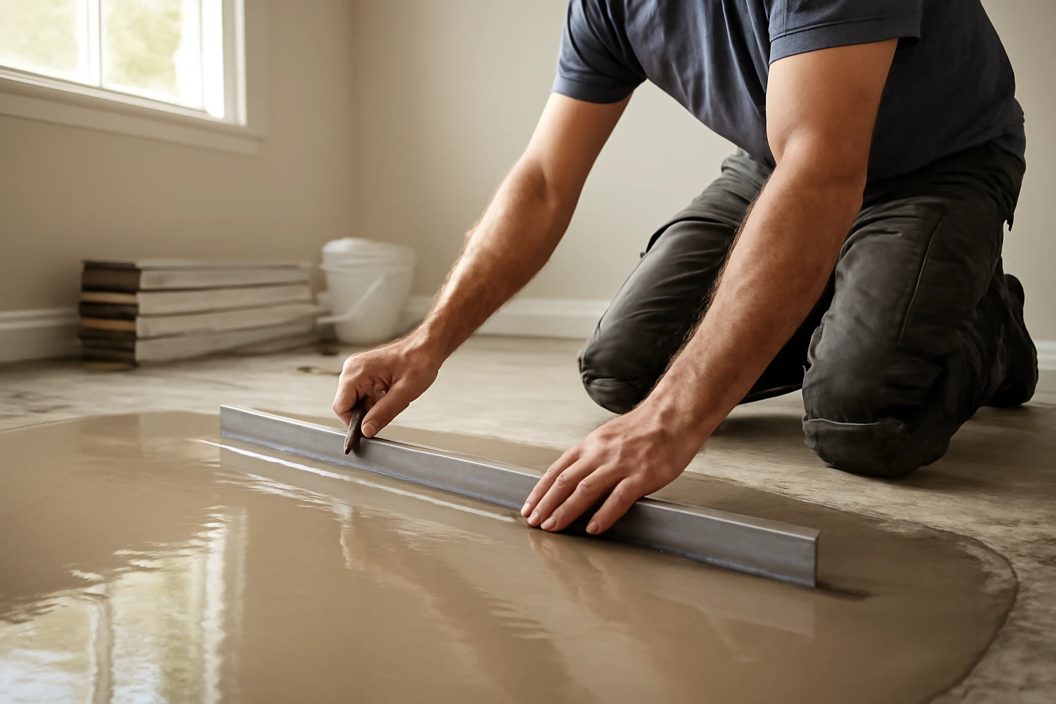 Installer smoothing self-leveling compound on a concrete subfloor with a long trowel, LVT planks and tools stacked nearby.