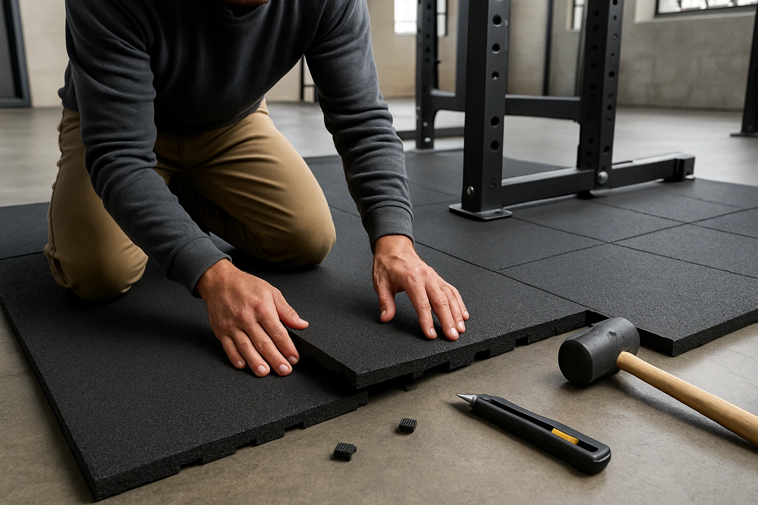 Interlocking rubber gym tiles being fitted around a squat rack, hands aligning edges to reveal the tile's layered profile wit