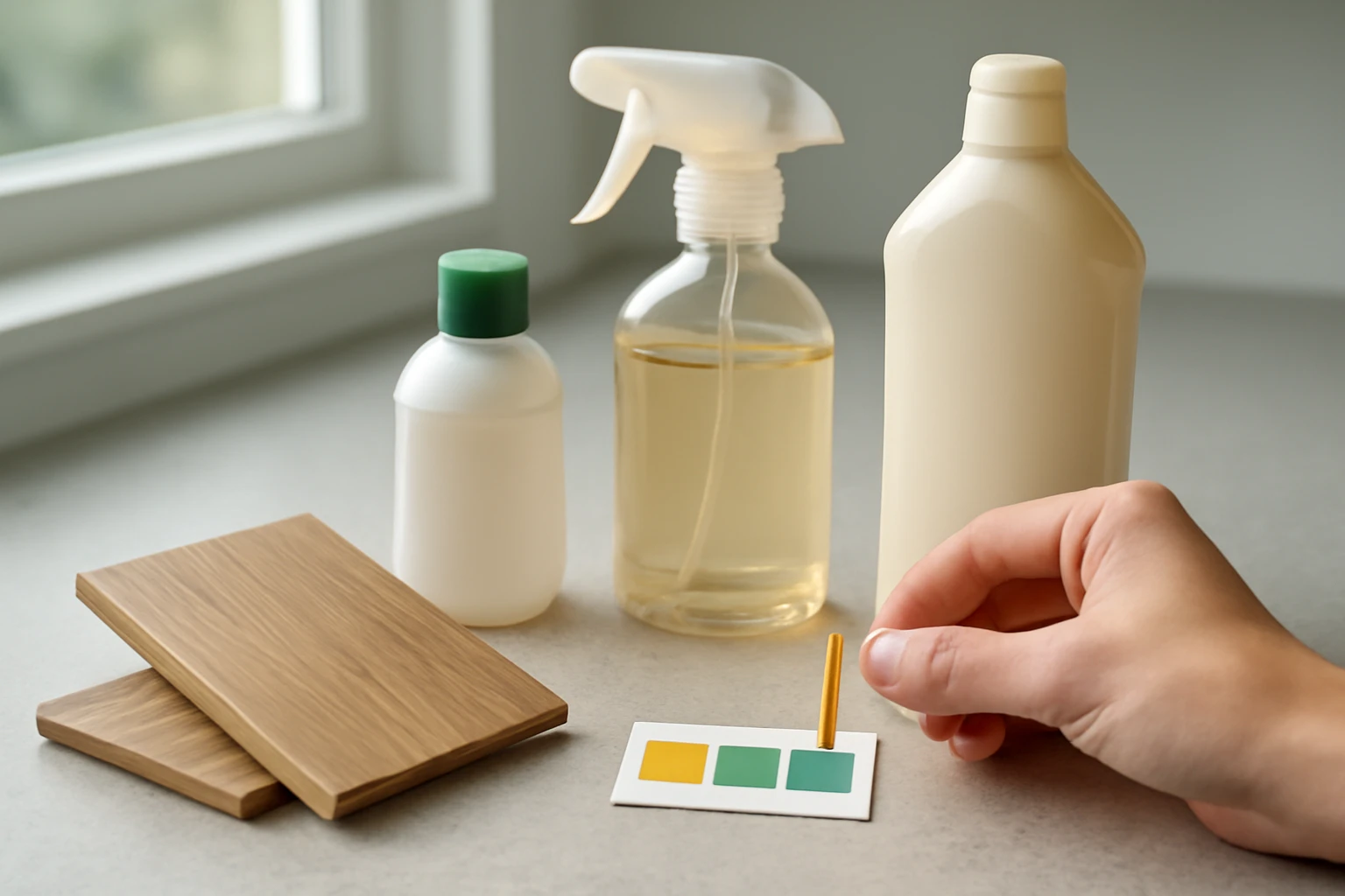 Laminate cleaning bottles and a pH test strip beside two sample laminate planks on a sunlit kitchen countertop.