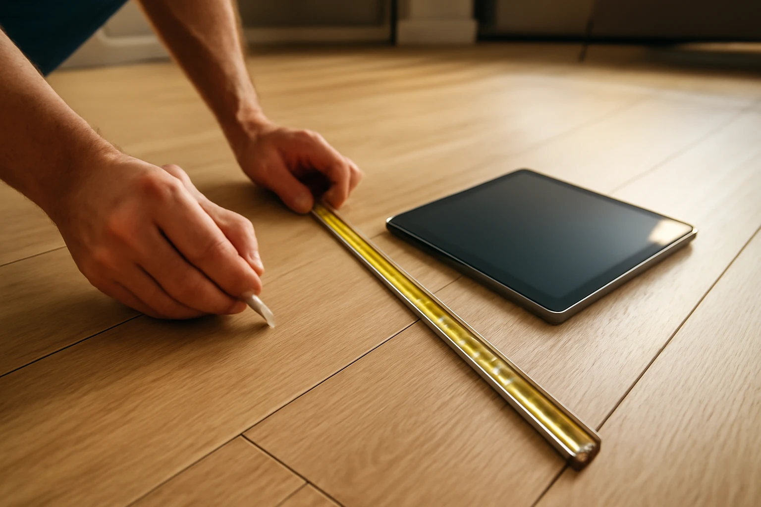 Laminate flooring being measured with a tape measure while a homeowner holds a tablet nearby to record measurements.