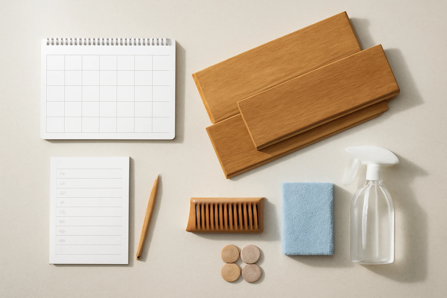 Laminate flooring sample planks, a maintenance kit and a blank calendar grid with checklist arranged on a kitchen island.