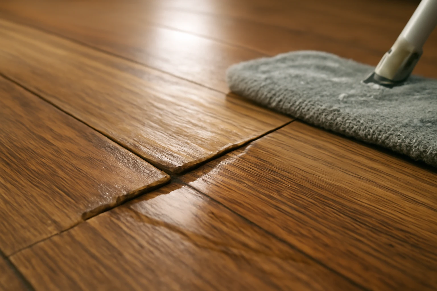 Laminate flooring showing a swollen raised plank edge from water damage next to a wet mop and a small puddle.