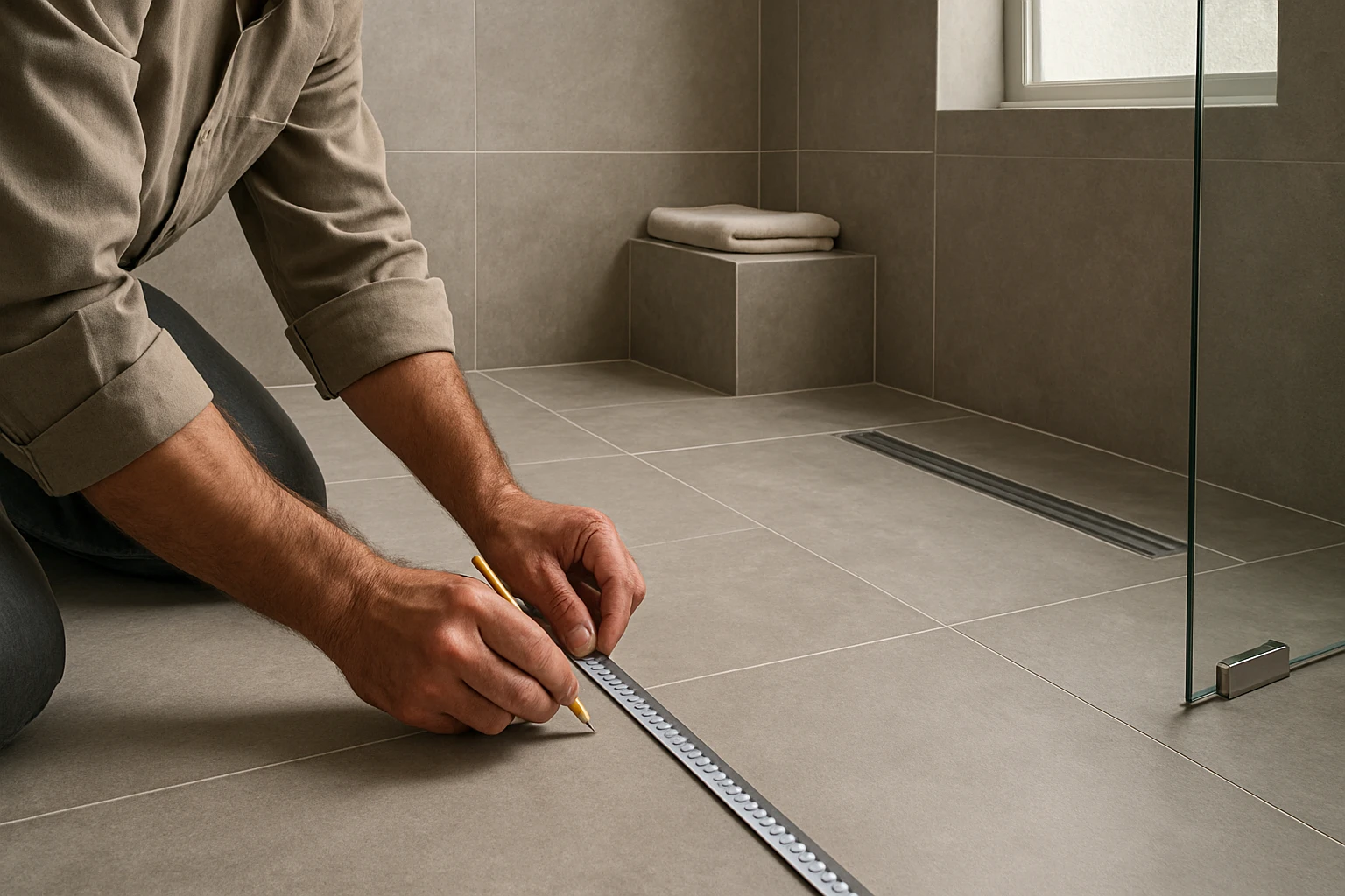 Large-format porcelain floor and wall tiles in a modern Dubai bathroom with a contractor measuring tile alignment near a fram