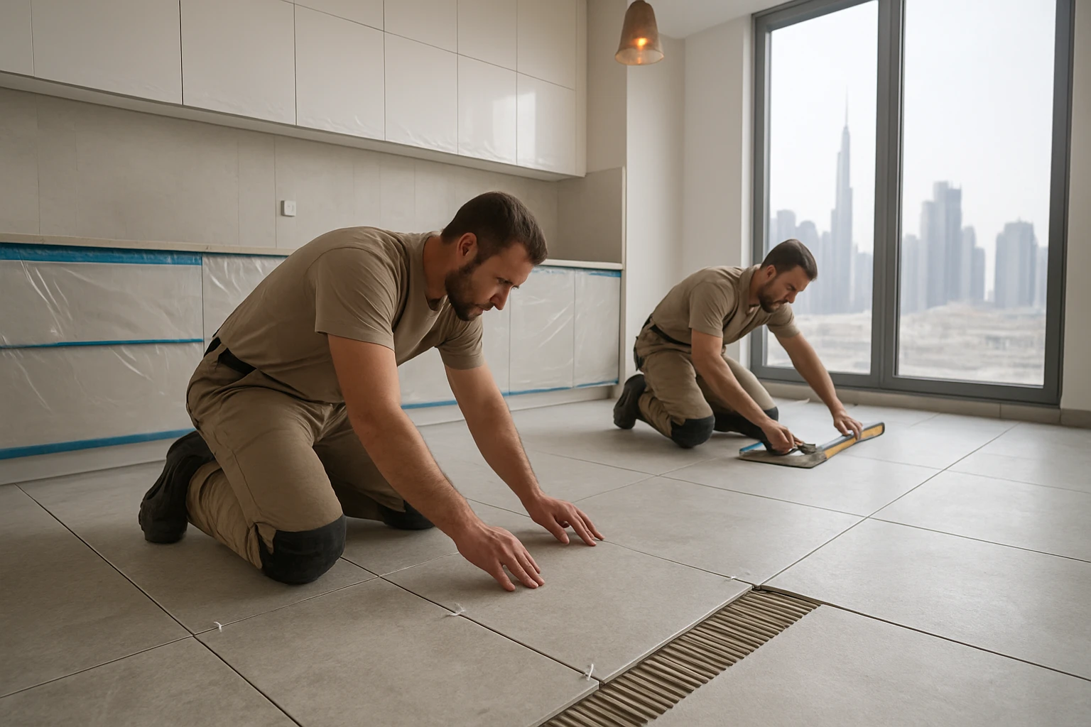 Large-format porcelain floor tiles being installed in a modern Dubai kitchen, installers placing spacers while cabinets are p