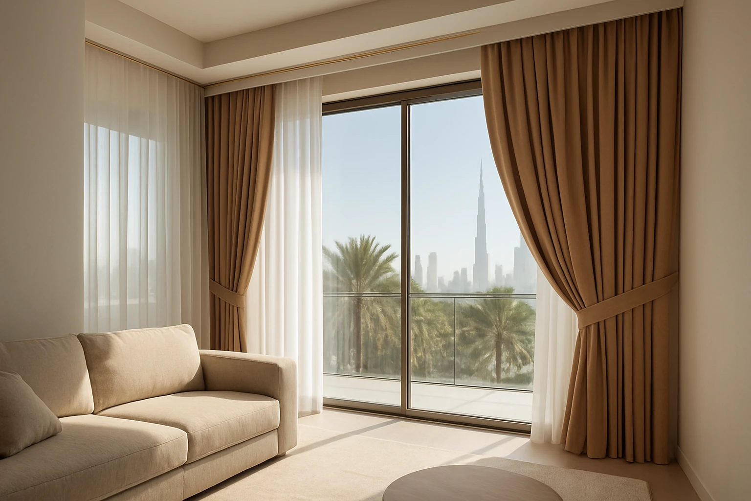 Layered sheer curtains with heavier drapes hanging in a Dubai living room, showing pleat and fabric detail and a sunlit city