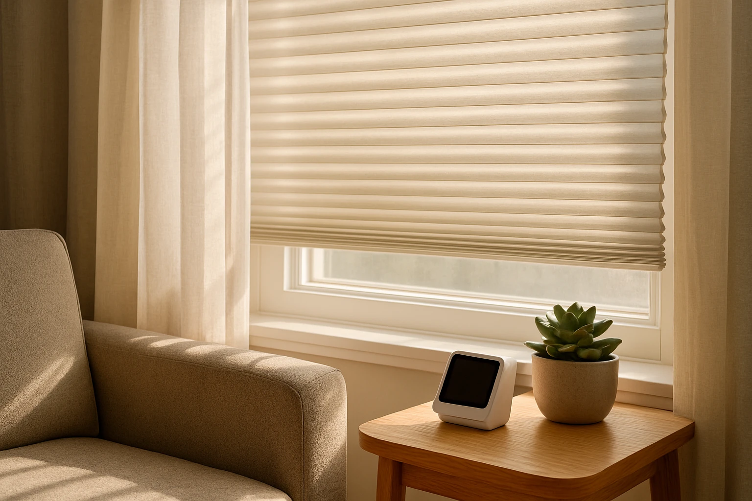 Light-colored cellular blinds partially lowered at a living room window, filtering afternoon sun and adding insulation.