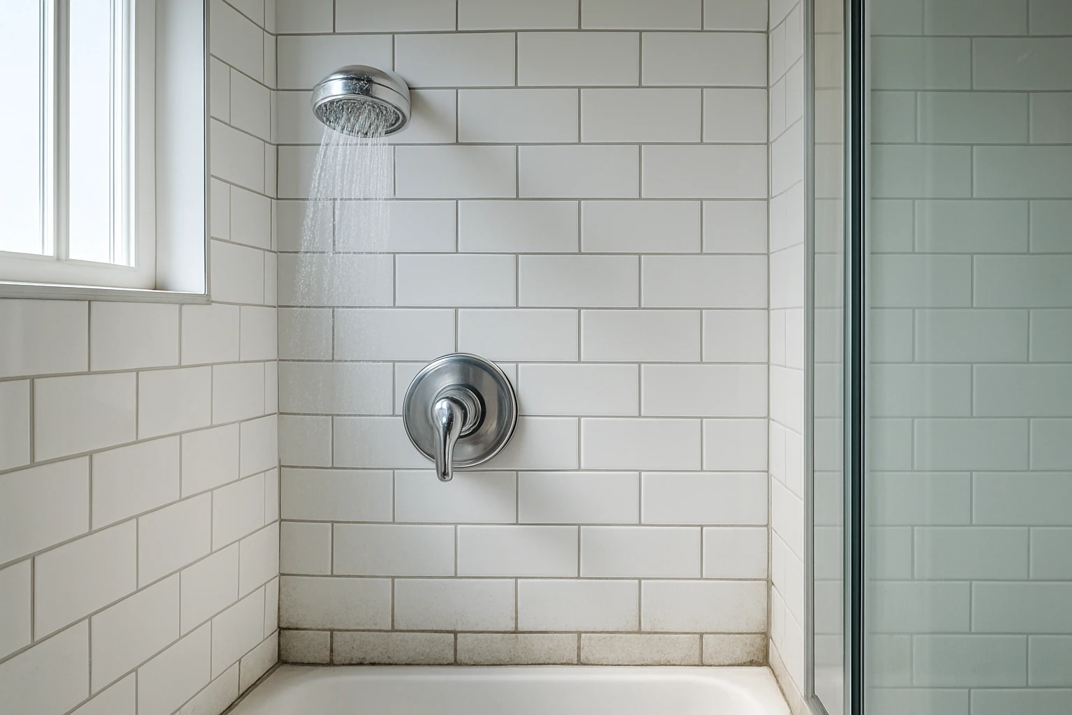 Light gray grout between glossy white subway shower tiles with early mildew and soap-scum buildup near the glass door edge.