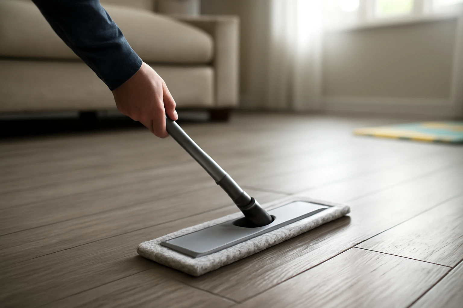 Light-gray vinyl plank flooring being damp-mopped with a microfiber flat mop in a sunlit family living room, hand holding the