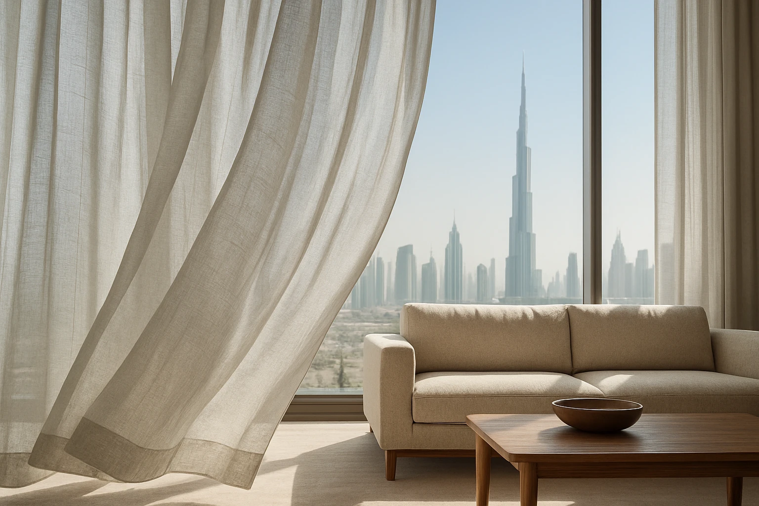 Light grey sheer curtains billowing in a Dubai living room with floor-to-ceiling windows and the Burj Khalifa visible outside