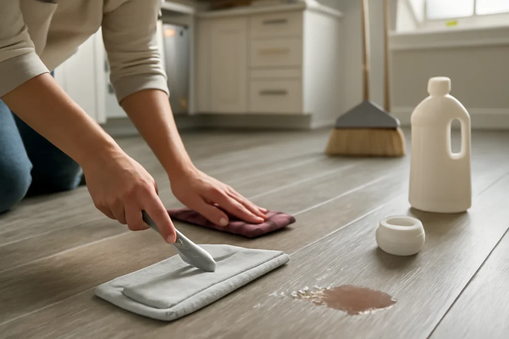 Light grey vinyl plank flooring being mopped with a microfiber mop while a hand blots a small spill and unbranded cleaning su