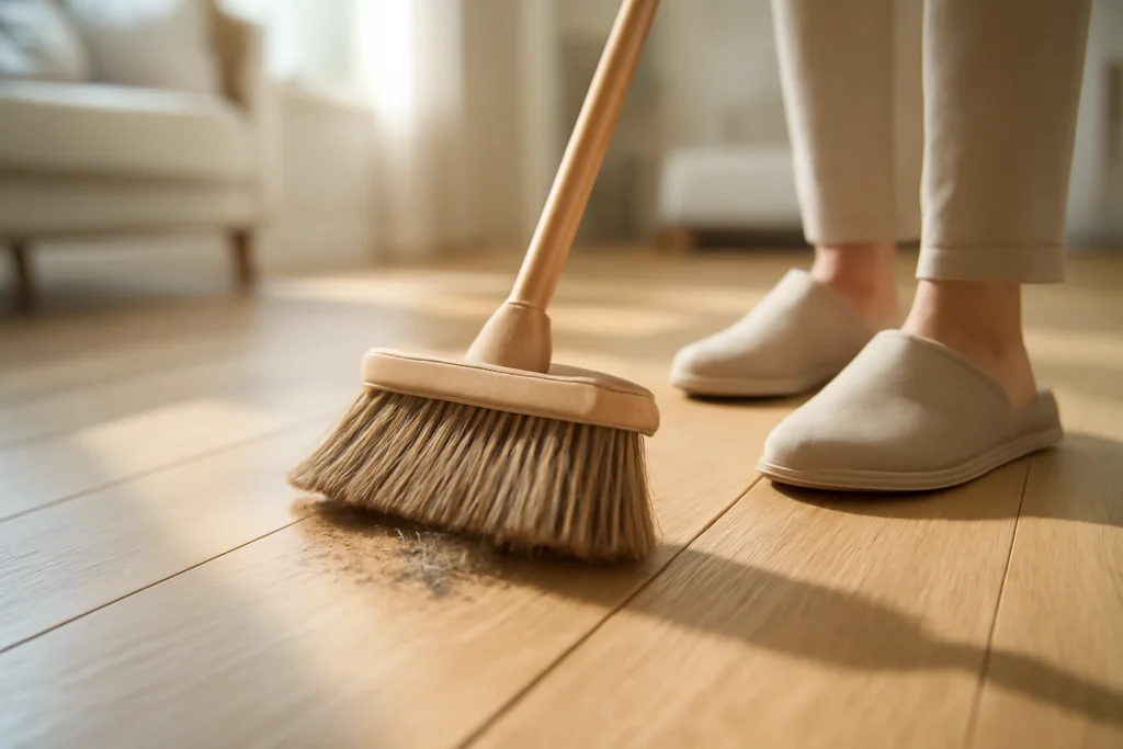 Light oak laminate flooring being swept with a soft-bristled broom by a person wearing rubber-soled slippers in sunlight.