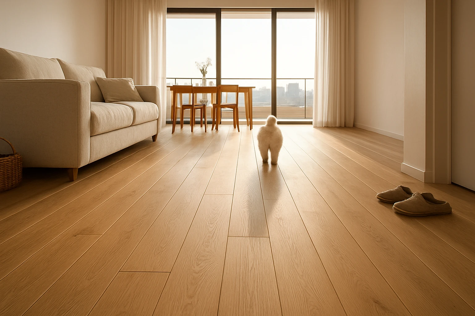 Light oak plank flooring running through an open-plan living room into a dining area with floor-to-ceiling windows and a city