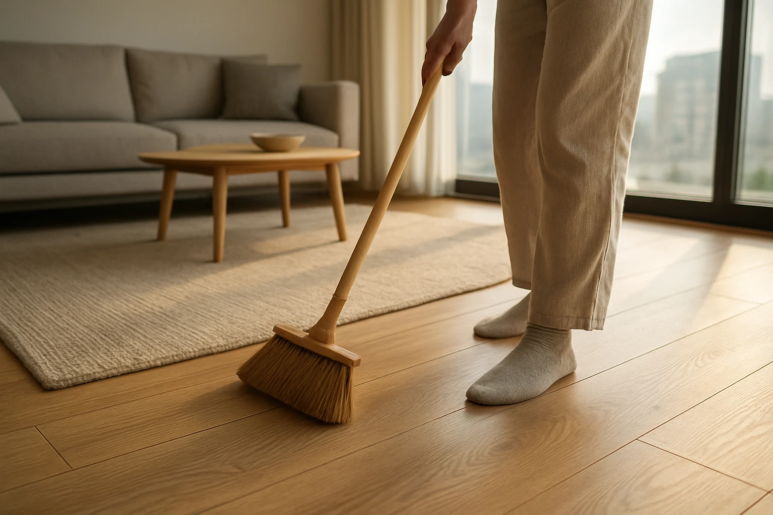 Light oak vinyl plank flooring being gently swept beside a beige area rug in a sunlit modern Dubai living room.