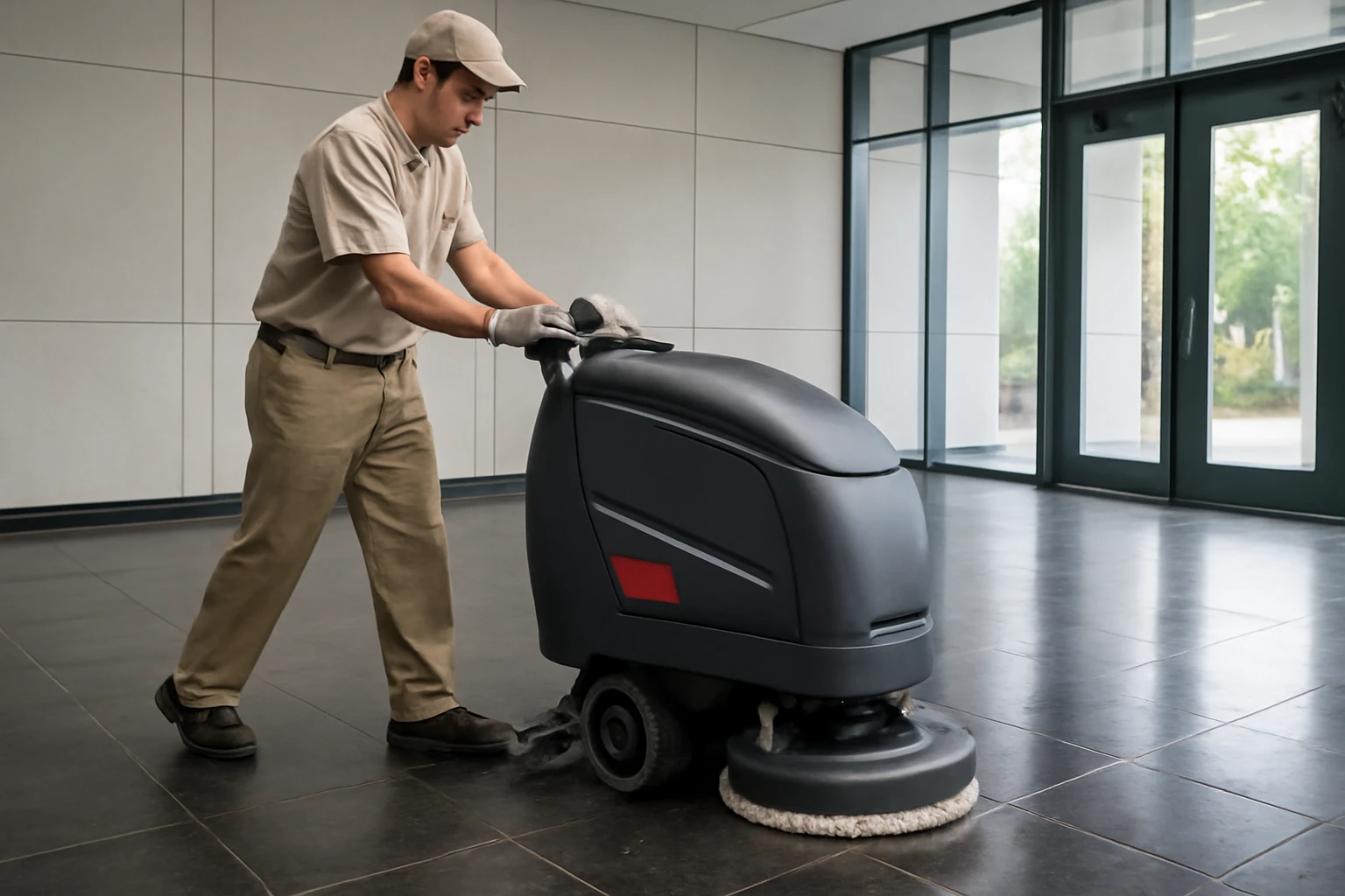 Low-speed floor scrubber cleaning dark vinyl tile in a commercial lobby, revealing a restored glossy strip beside dull, soile