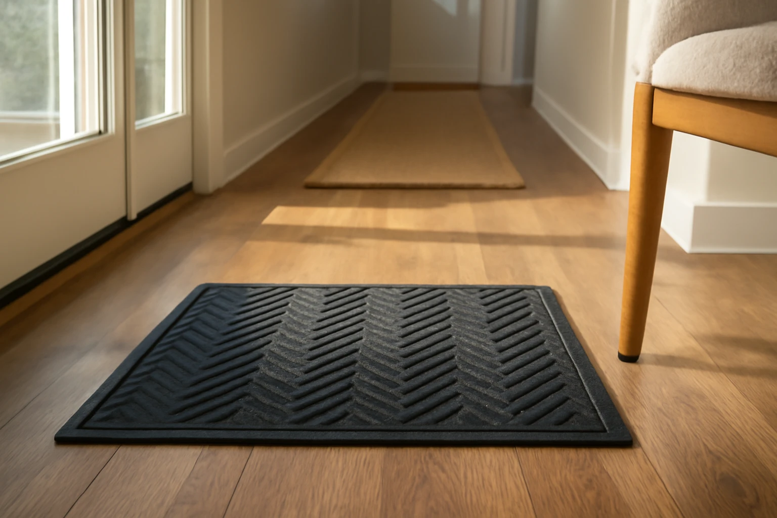 Luxury vinyl plank flooring with a heavy-duty doormat, narrow runner, and felt pads on chair legs in a sunlit entryway.