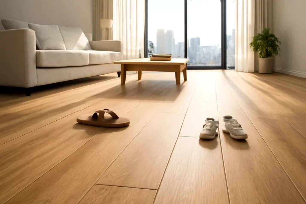 Luxury vinyl tile flooring in a modern Gulf living room, oak-look planks with visible grain and grout lines beside a coffee t