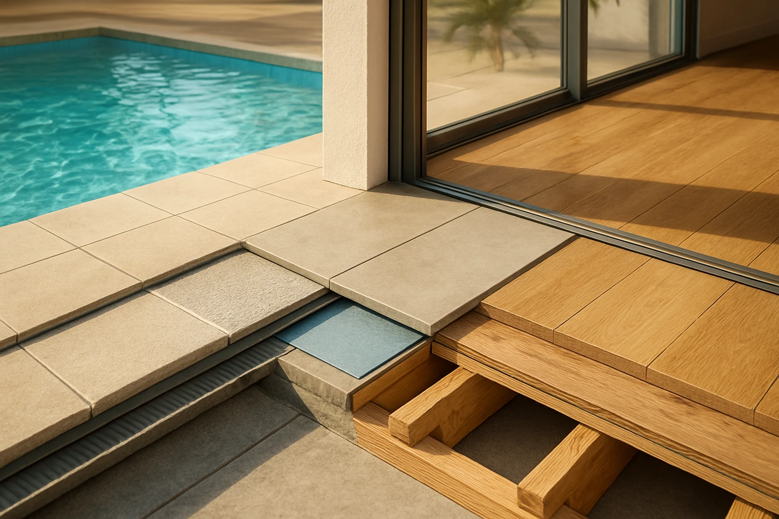 Luxury vinyl tile threshold between a tiled pool deck and oak wood floor with exposed underfloor layers in a Dubai villa.