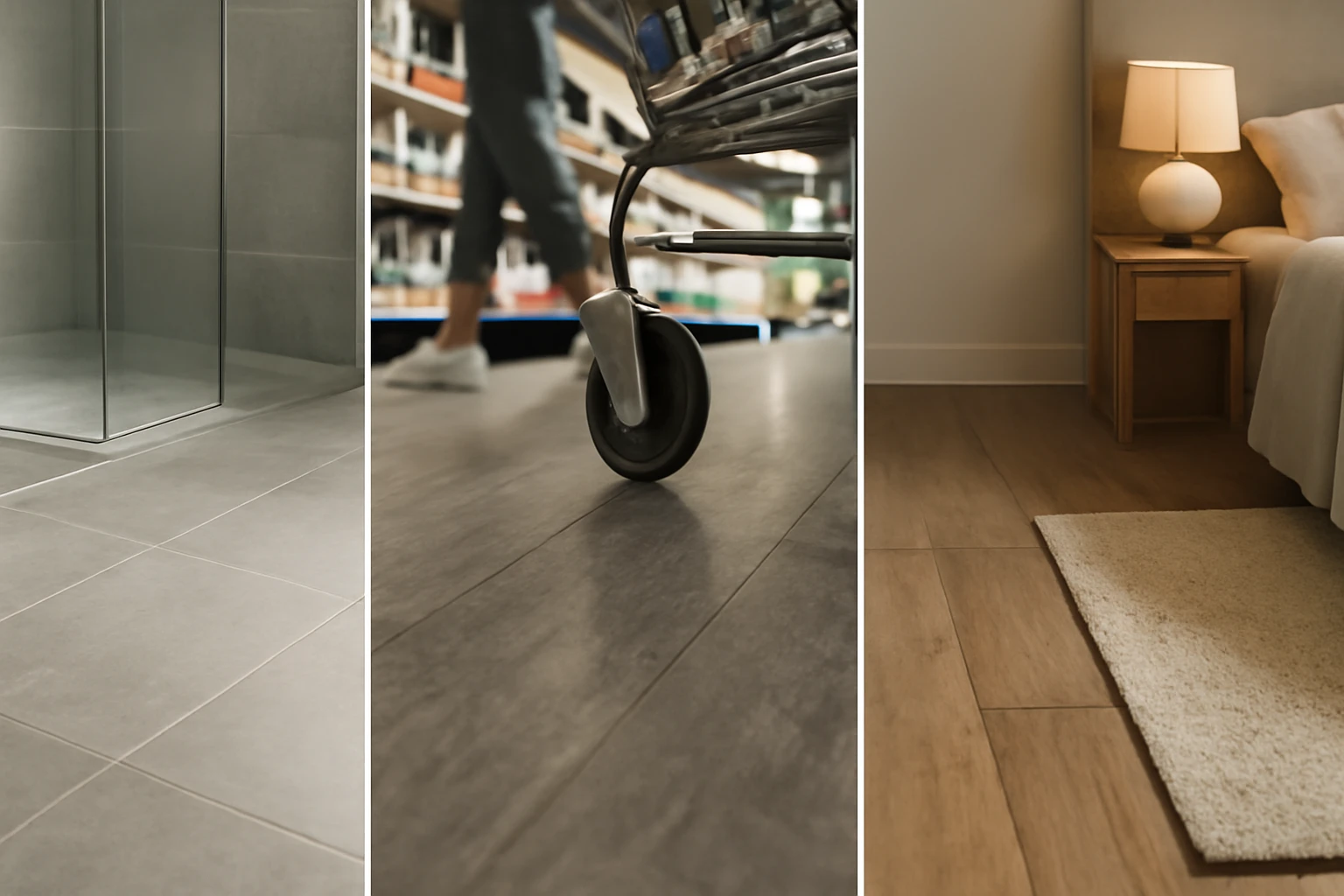 LVT flooring in a waterproof tile-look bathroom, a heavy-duty commercial shop floor, and a warm wood-look bedroom.