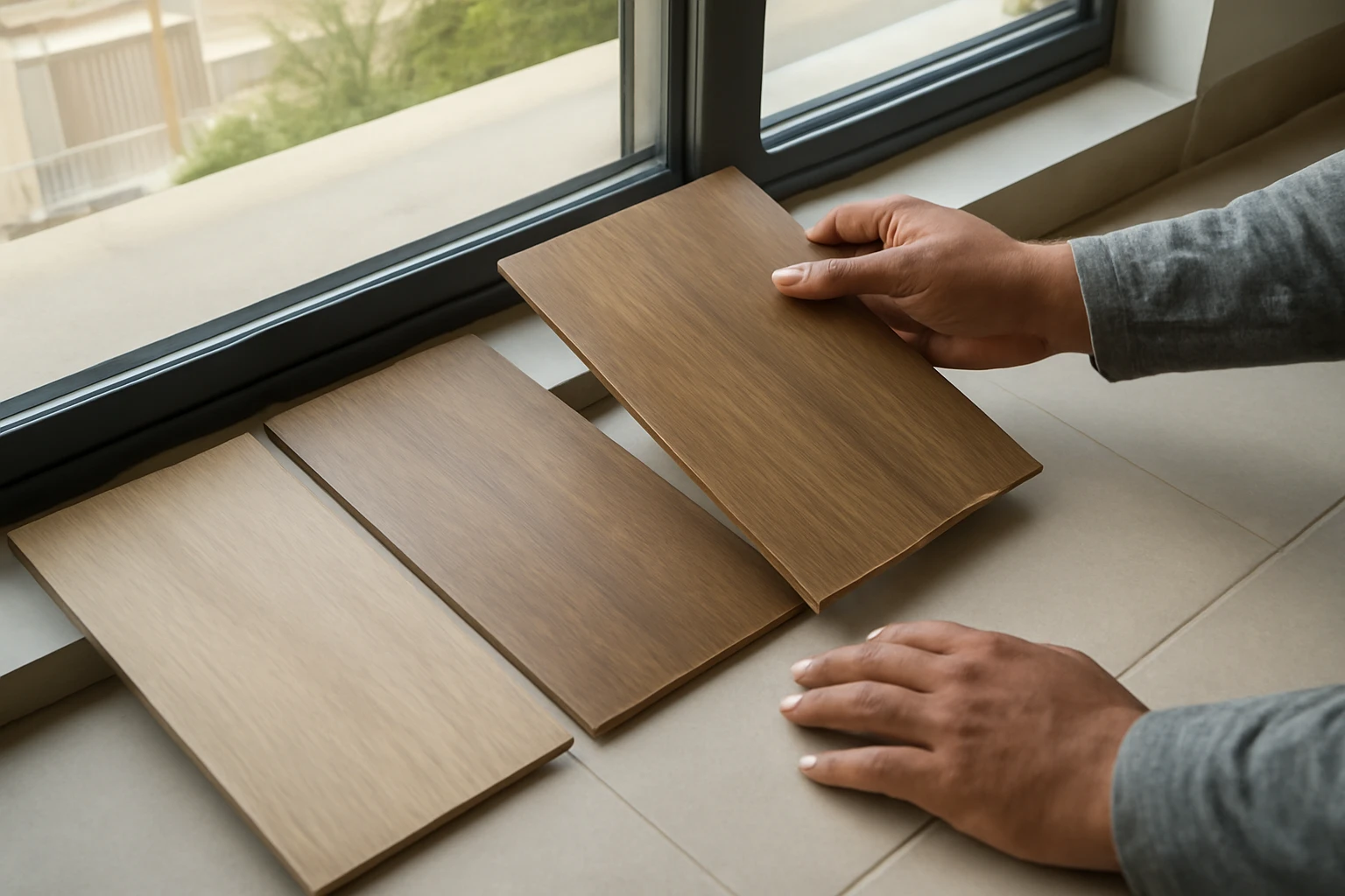 LVT flooring sample boards being compared near a south-facing window by a homeowner in a modern Dubai apartment.