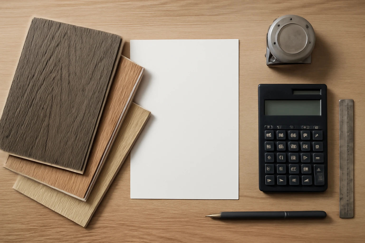 LVT flooring samples fanned beside a calculator and a blank price sheet on a sunlit office desk in the UAE.