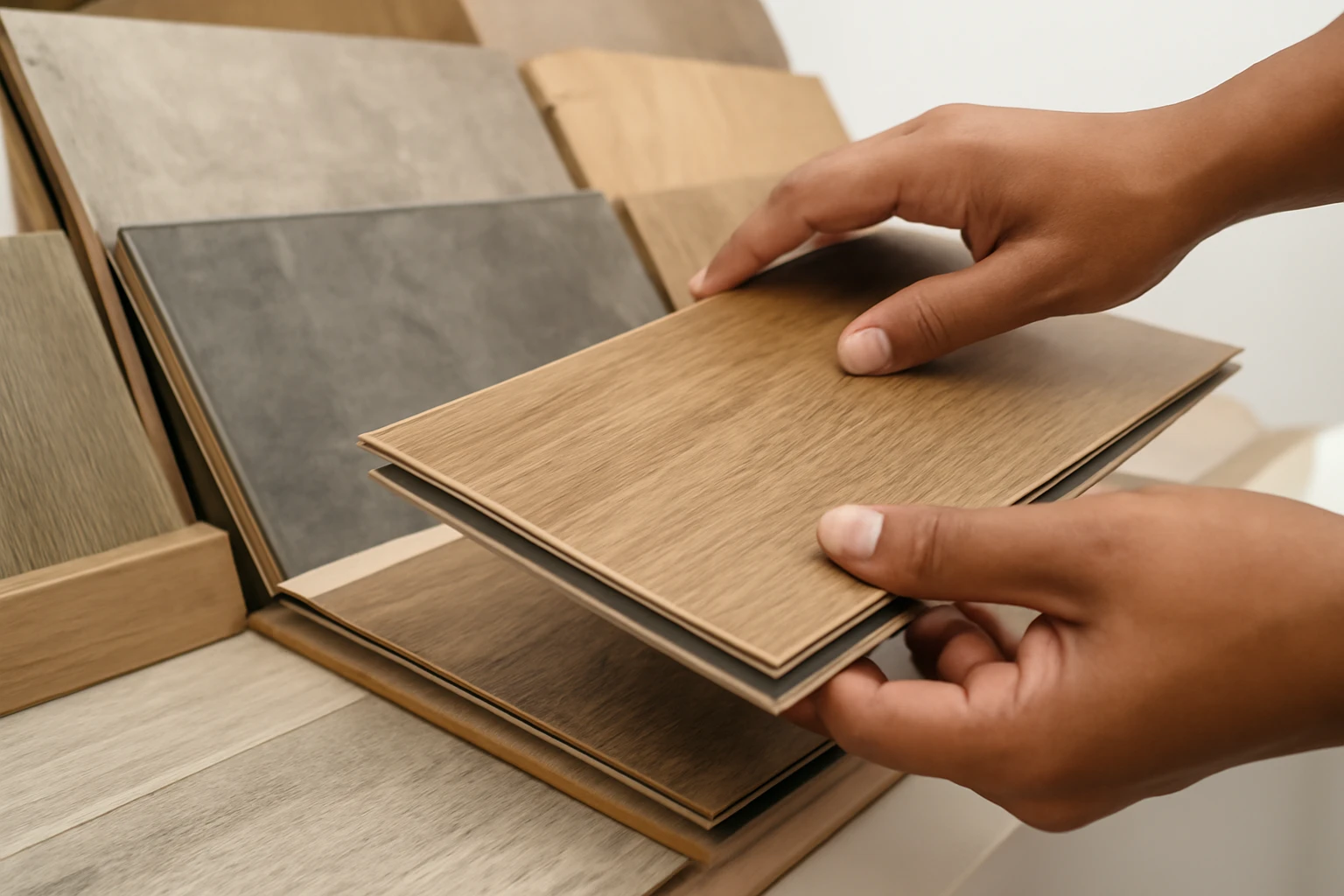 LVT flooring samples on angled showroom racks showing plank and tile formats with visible click-lock edge profiles.