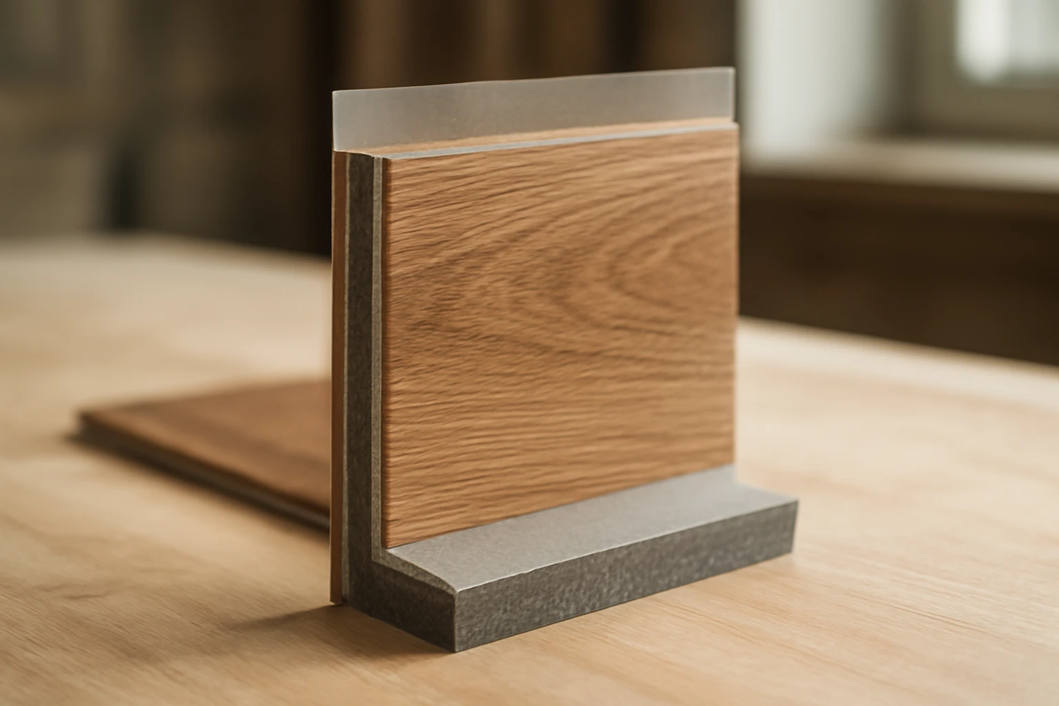 LVT plank cross-section on a workbench showing transparent wear layer, printed decorative layer, PVC core and textured backin