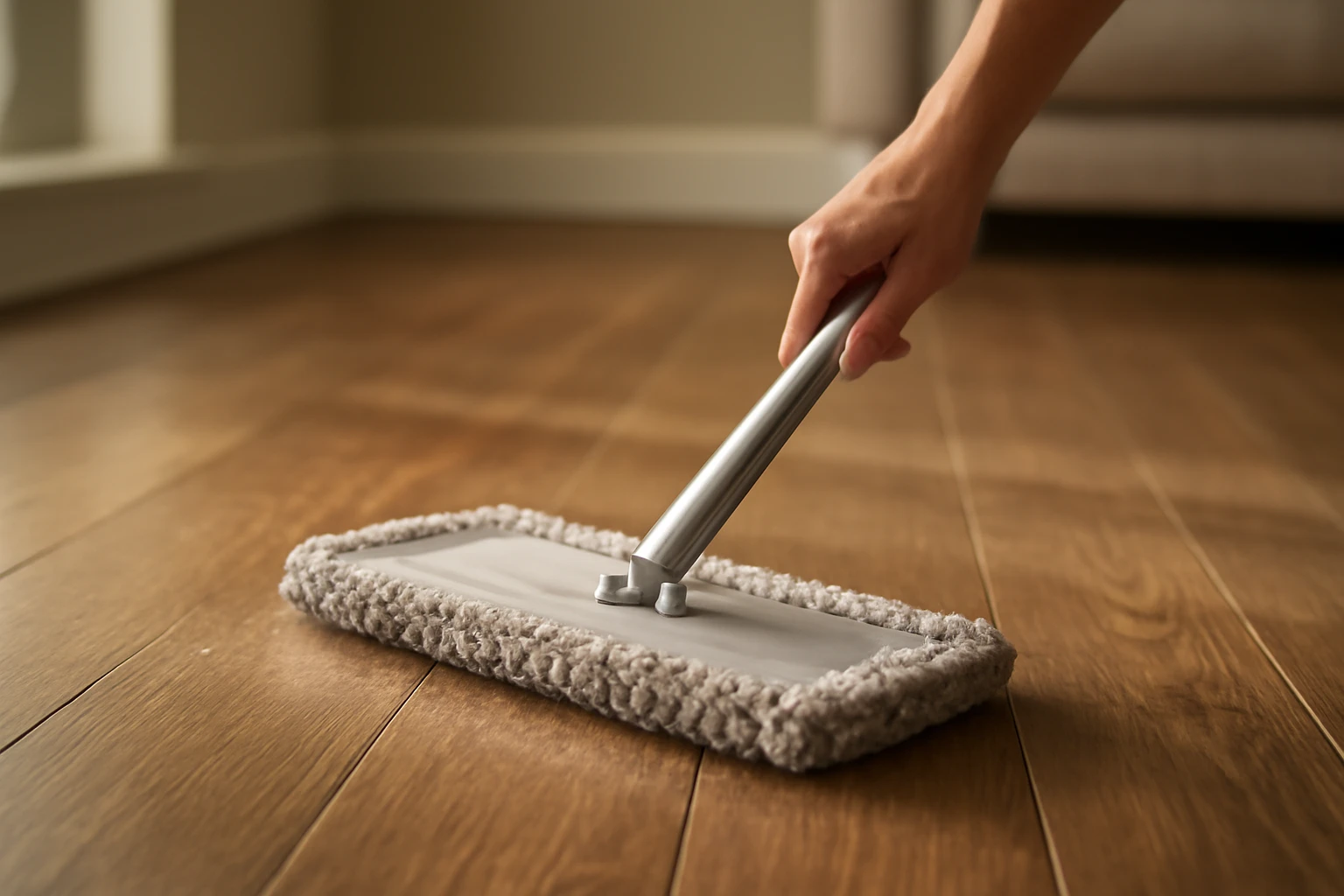 Microfiber dust mop gliding across medium-tone laminate flooring with fine dust visible ahead in a sunlit living room.