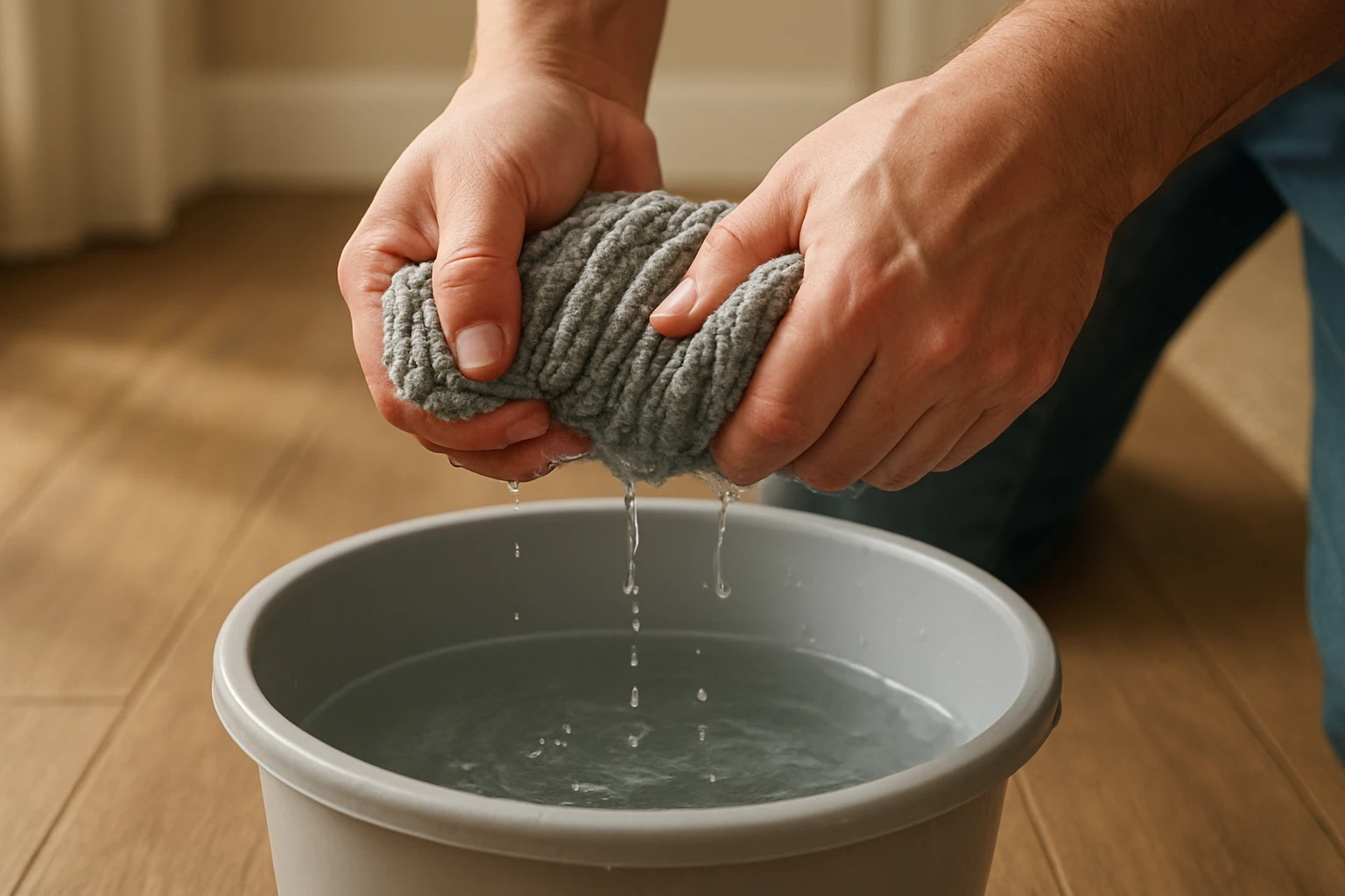 Microfiber mop being wrung into a bucket above light brown vinyl plank flooring with visible seams and wood grain.
