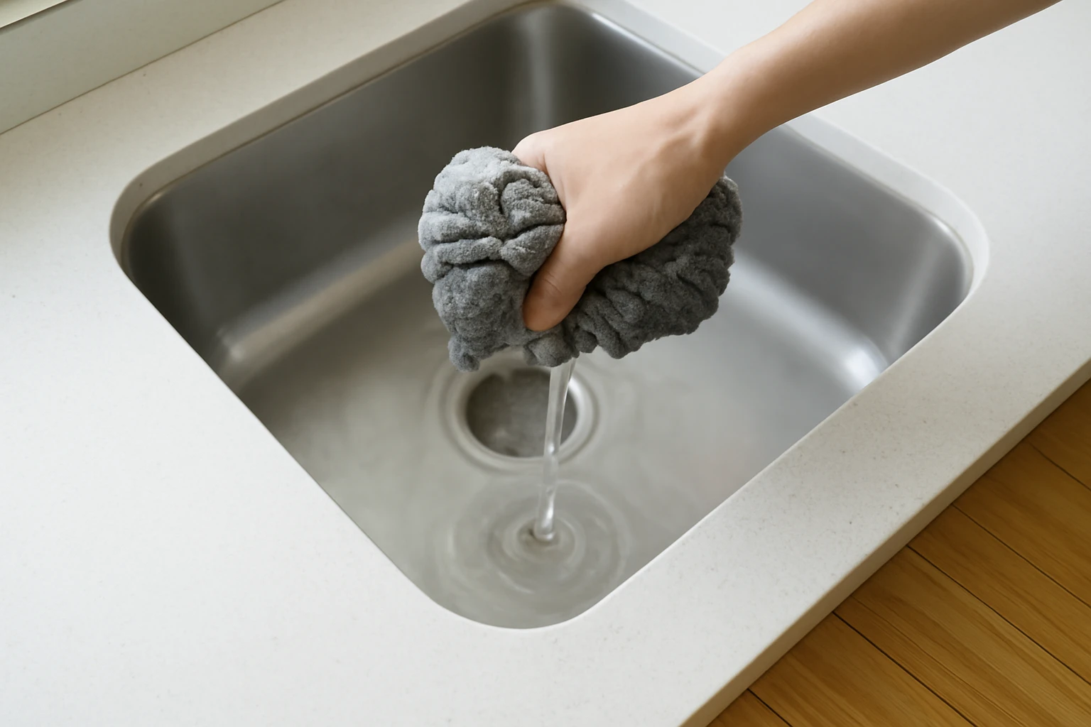 Microfiber mop head being wrung over a kitchen sink with a small amount of clear cleaning solution beside honey-tone finished