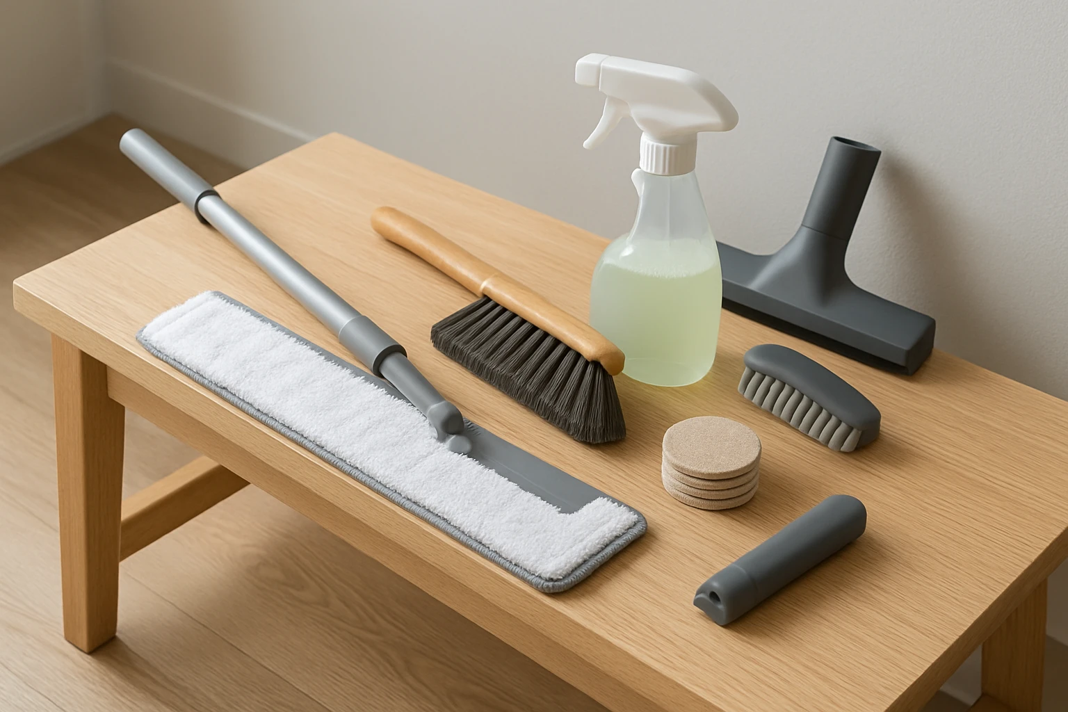 Microfiber mop, soft broom, soft-bristled scrub brush, spray bottle of mild vinyl cleaner and felt furniture pads arranged on