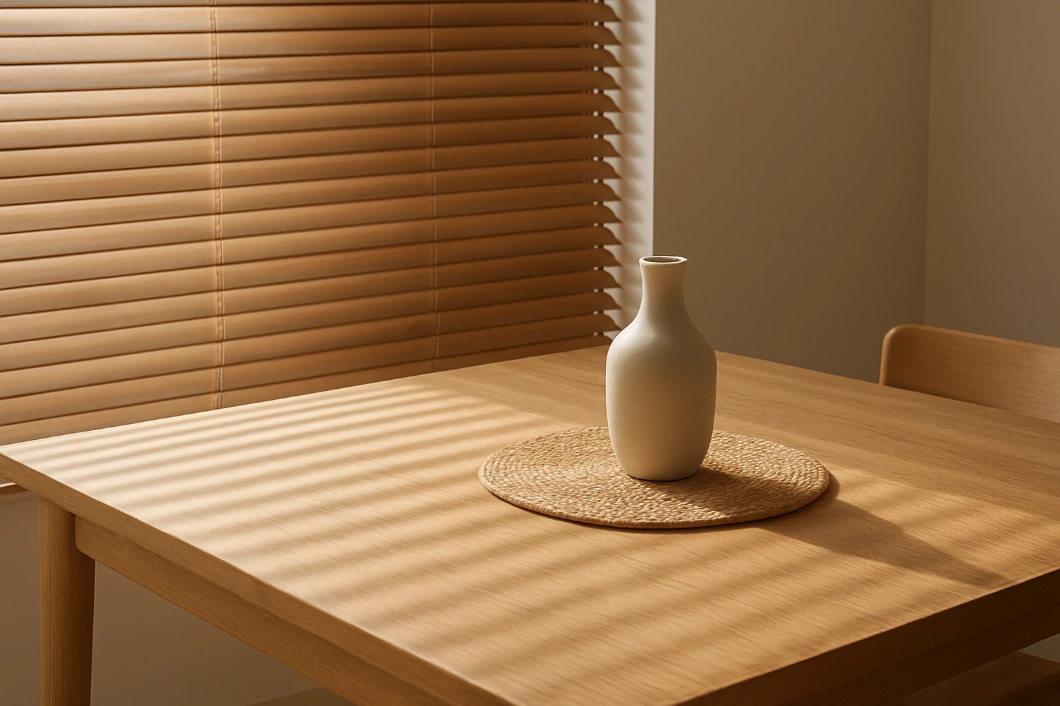 Natural wood blinds filtering midday light over a matching wooden dining table in a warm, minimalist dining room.
