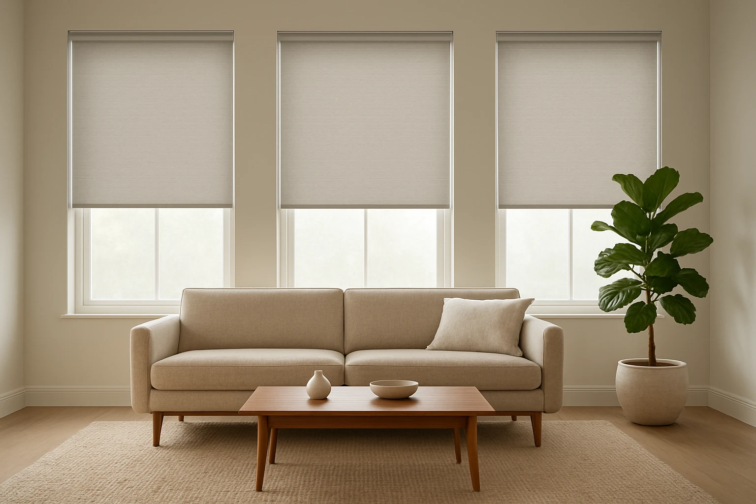 Neutral light-gray roller blinds covering three living-room windows in a staged living room with a beige sofa, coffee table, 