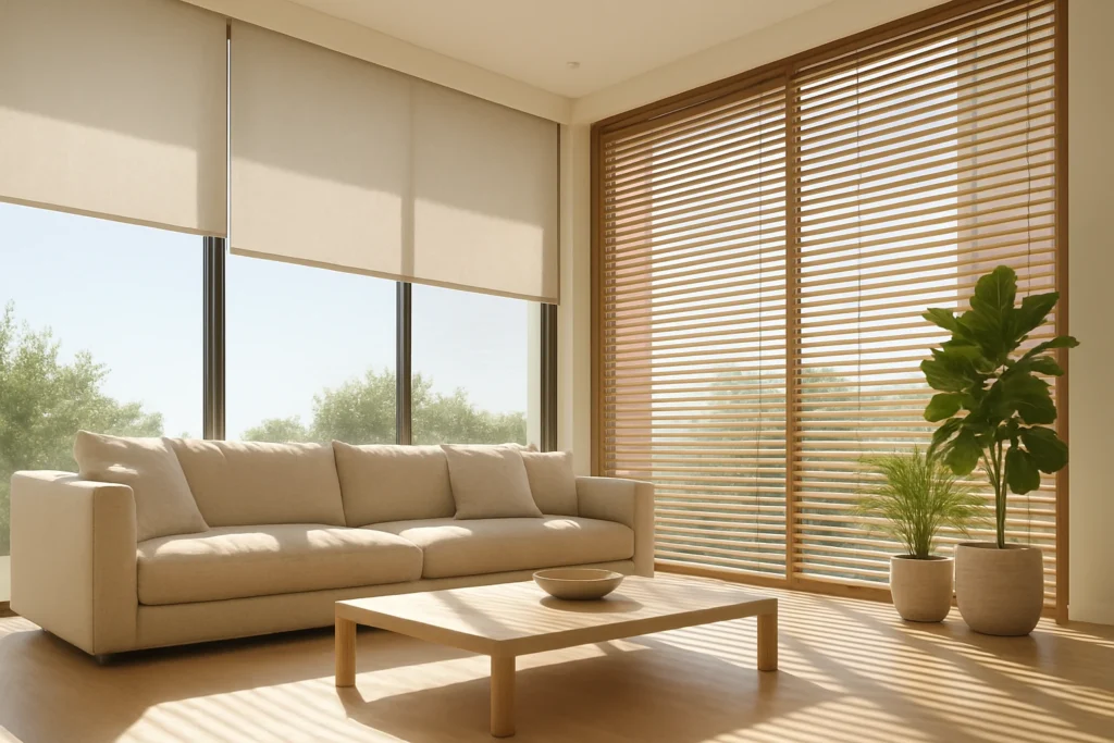 Neutral roller blind and wooden slatted blinds on floor-to-ceiling windows in a modern UAE living room with sunlight filtered