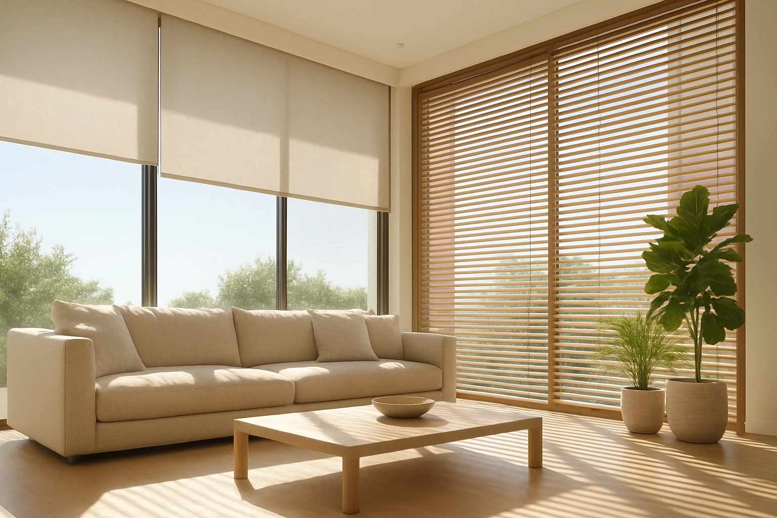 Neutral roller blind and wooden slatted blinds on floor-to-ceiling windows in a modern UAE living room with sunlight filtered