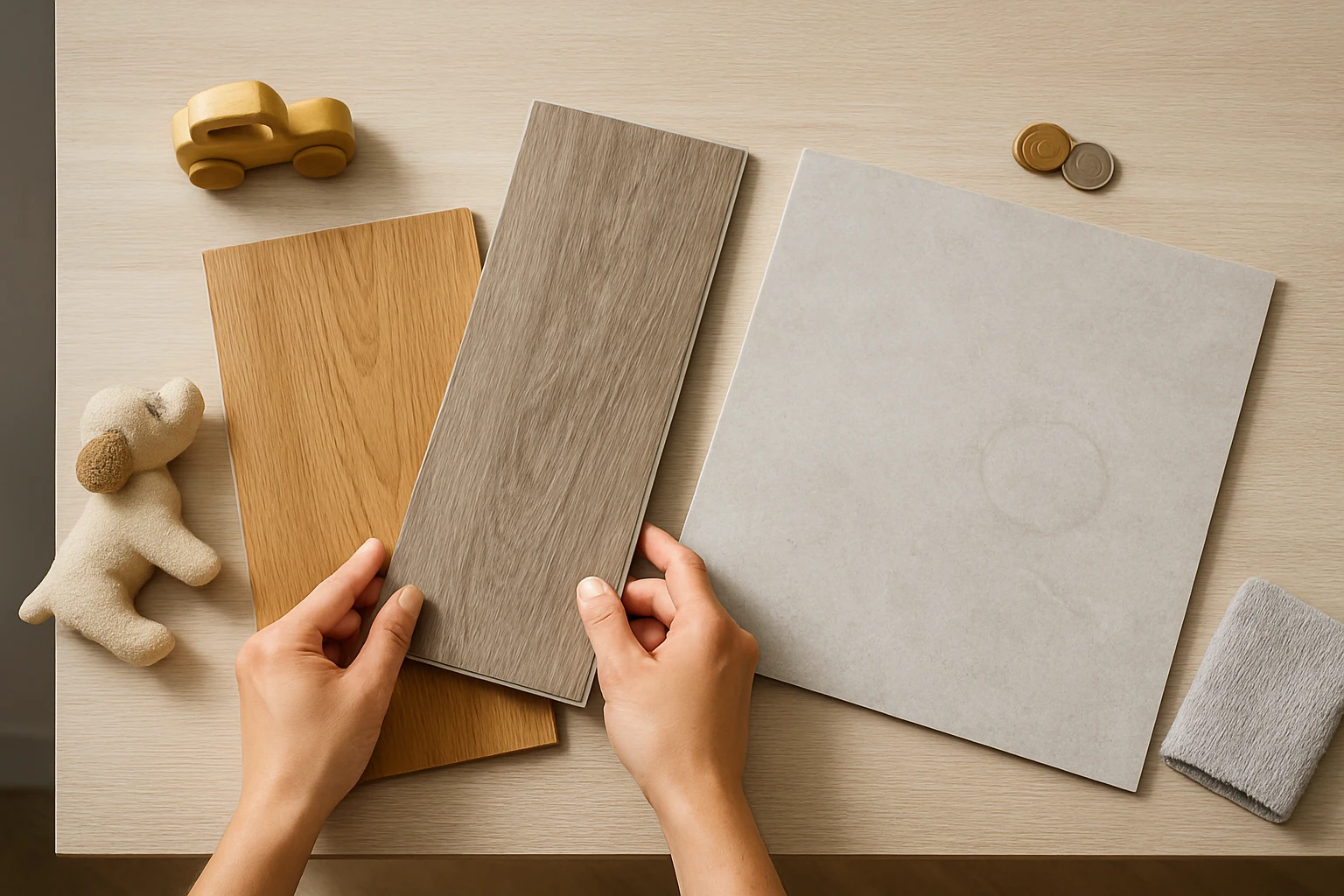 Oak hardwood plank, SPC vinyl plank, and a large-format porcelain tile sample being compared by a homeowner's hands on a tabl