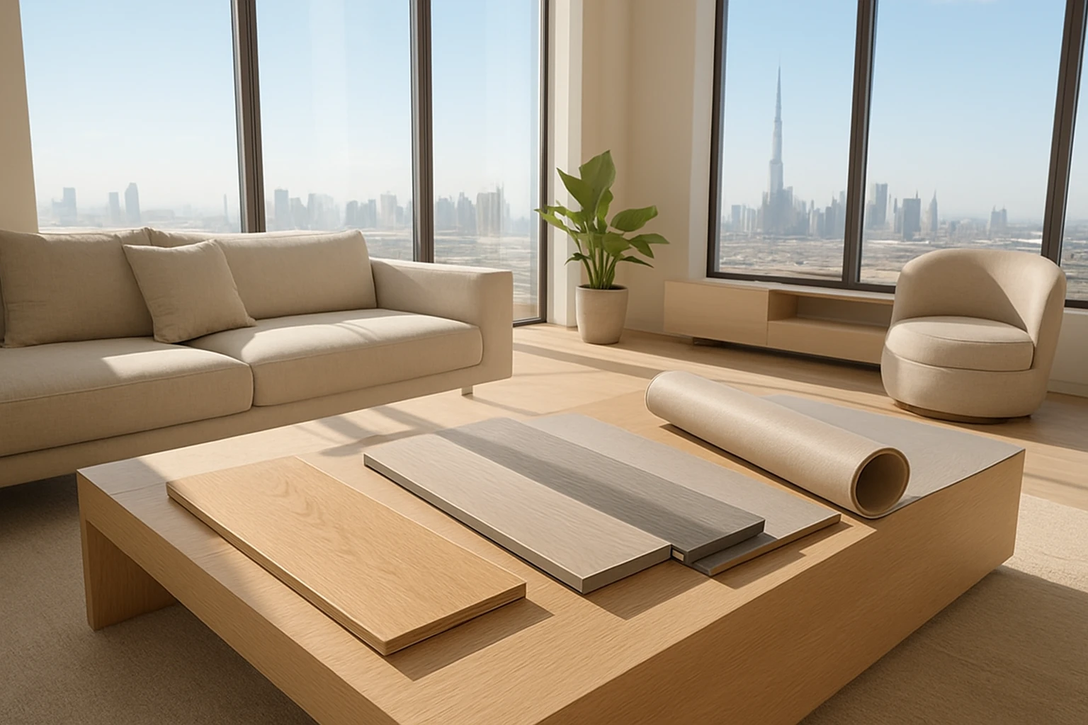 Oak, LVT, SPC and vinyl flooring samples on a low table in a bright Dubai apartment with floor-to-ceiling windows and skyline