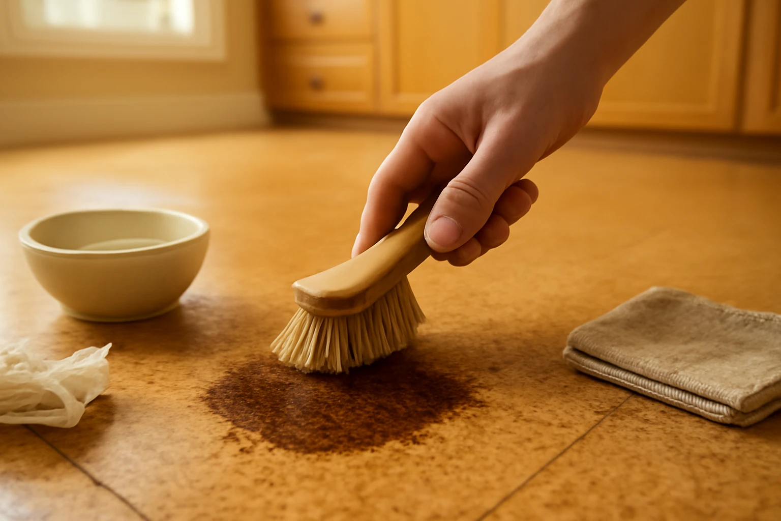 Oil stain on cork flooring being gently lifted with a soft-bristled brush while a small bowl of soapy water and paper towel s