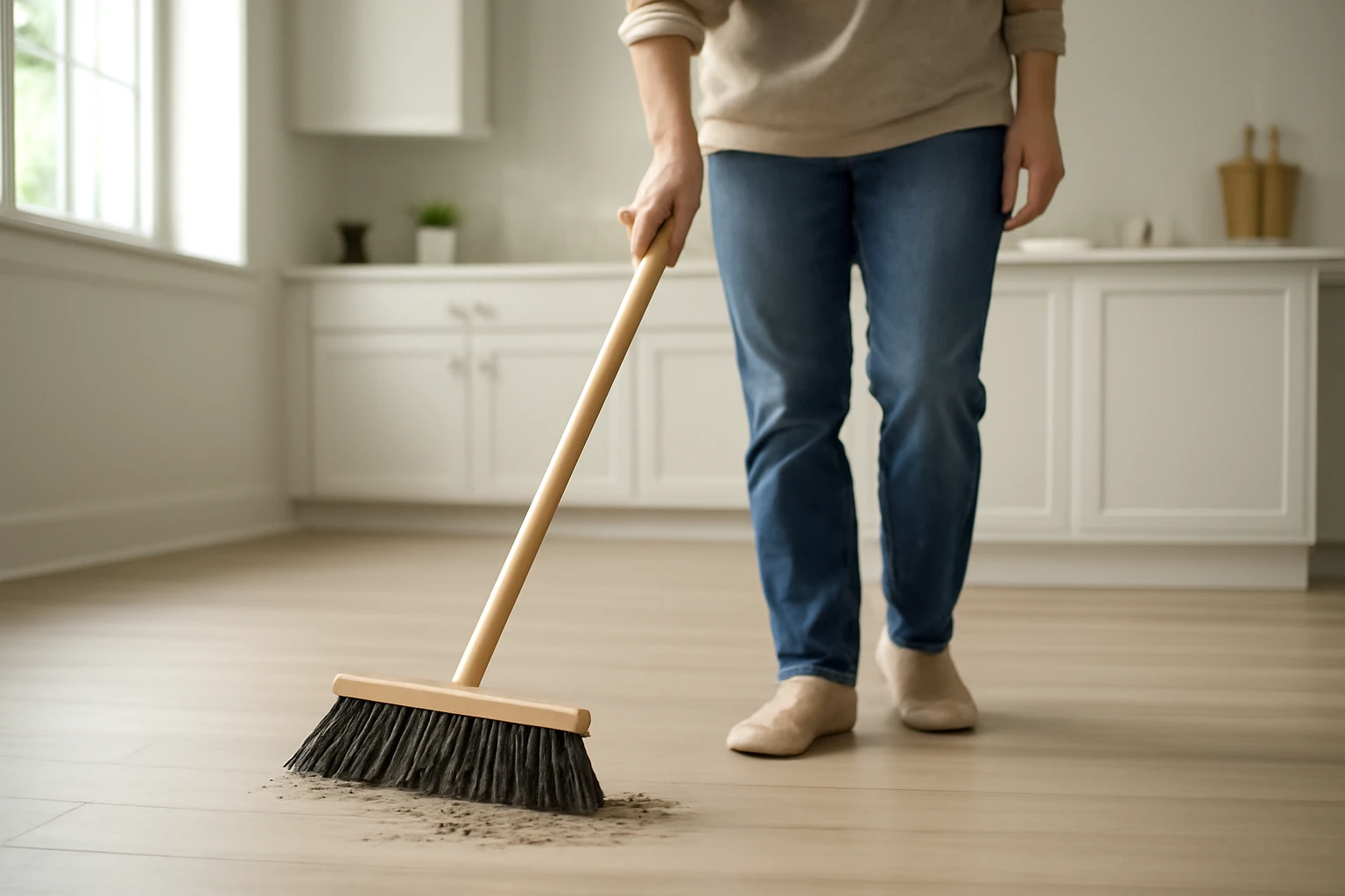 Pale vinyl plank flooring being swept with a soft push broom in a bright modern kitchen, removing dirt and grit.