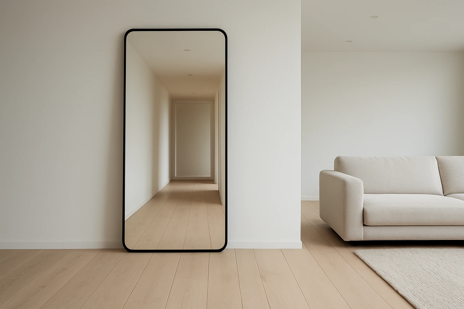 Pale wide-plank oak flooring running from a minimalist living room into a hallway with a leaning full-length mirror reflectin