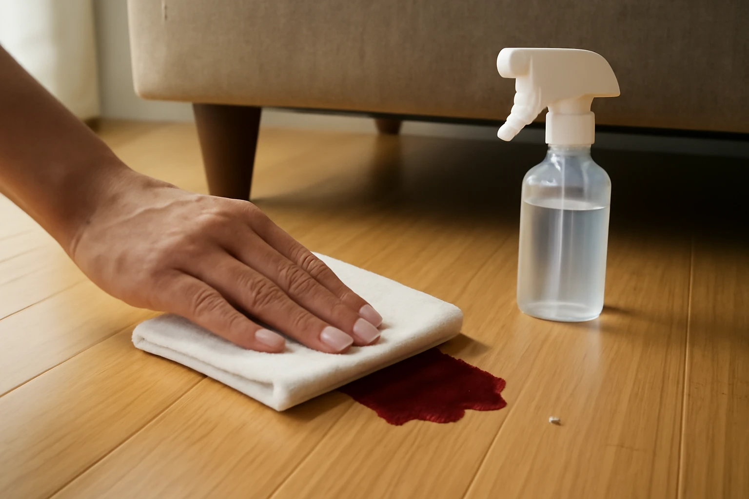 Person blotting a red wine spill on bamboo flooring with a white absorbent cloth and small neutral-cleaner spray bottle.