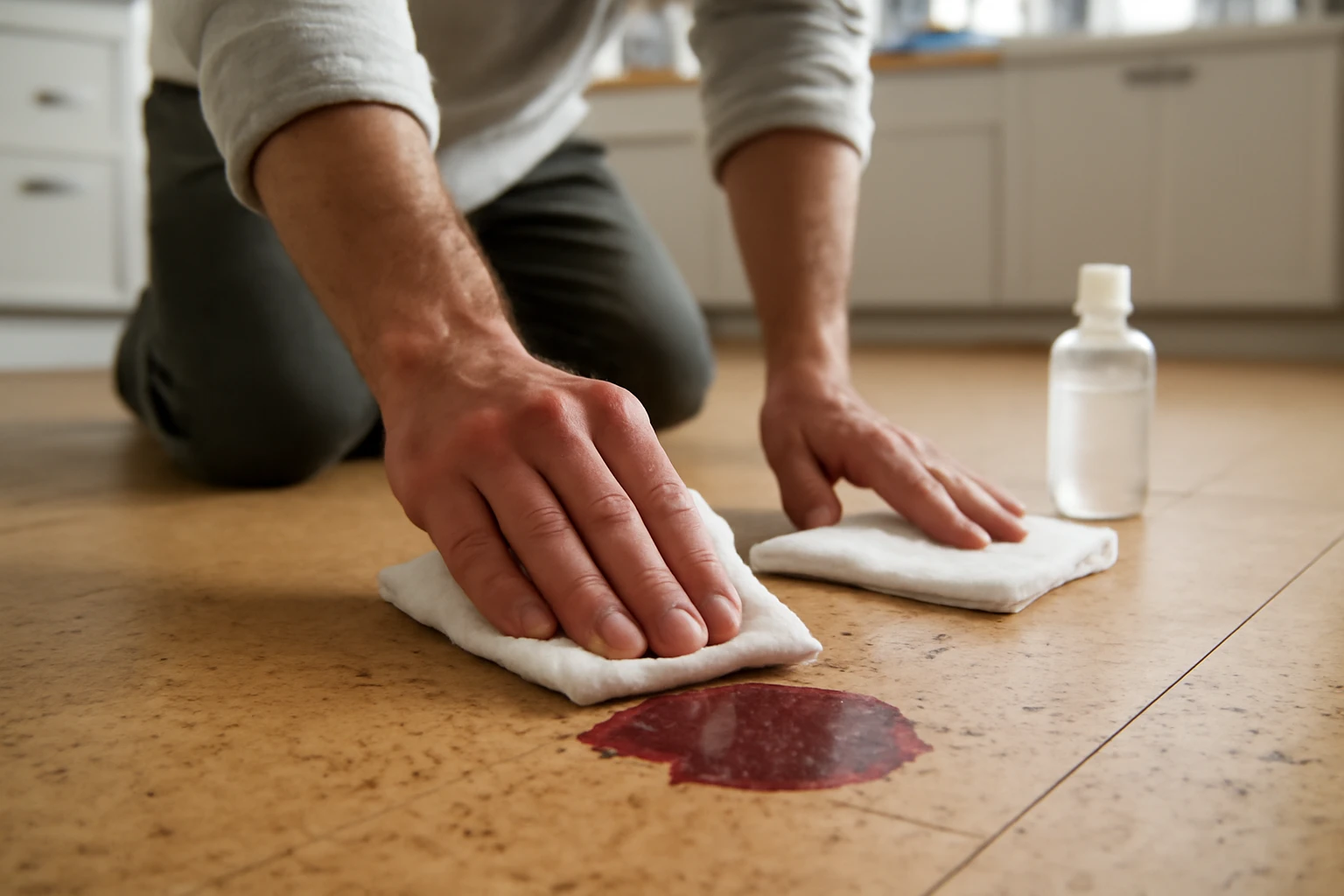 Person blotting a red wine stain on sealed cork flooring with a damp white cloth, a mild cleaner bottle nearby.