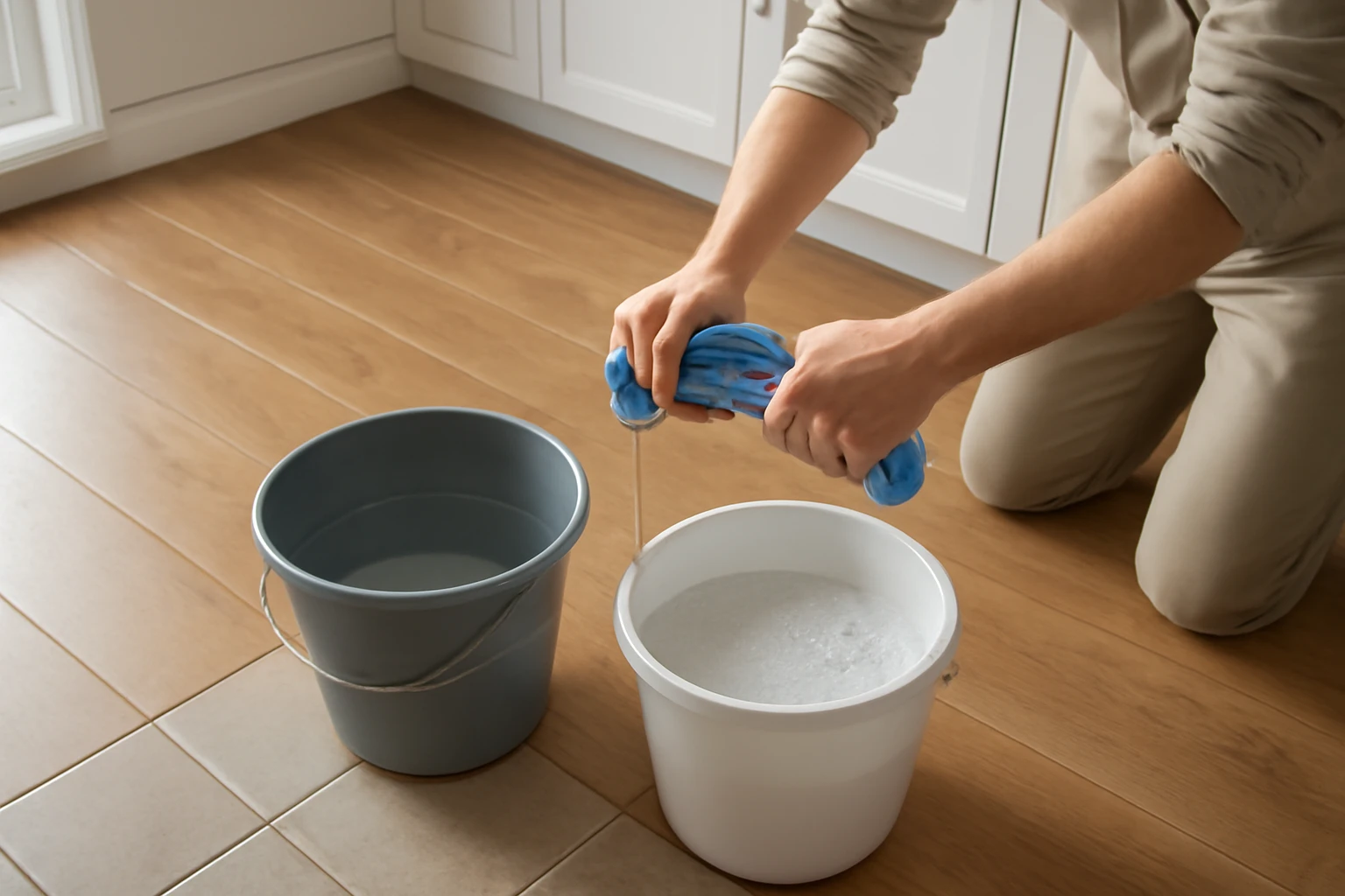 Person deep-cleaning laminate flooring using a two-bucket method and a barely damp microfiber mop in a bright kitchen.