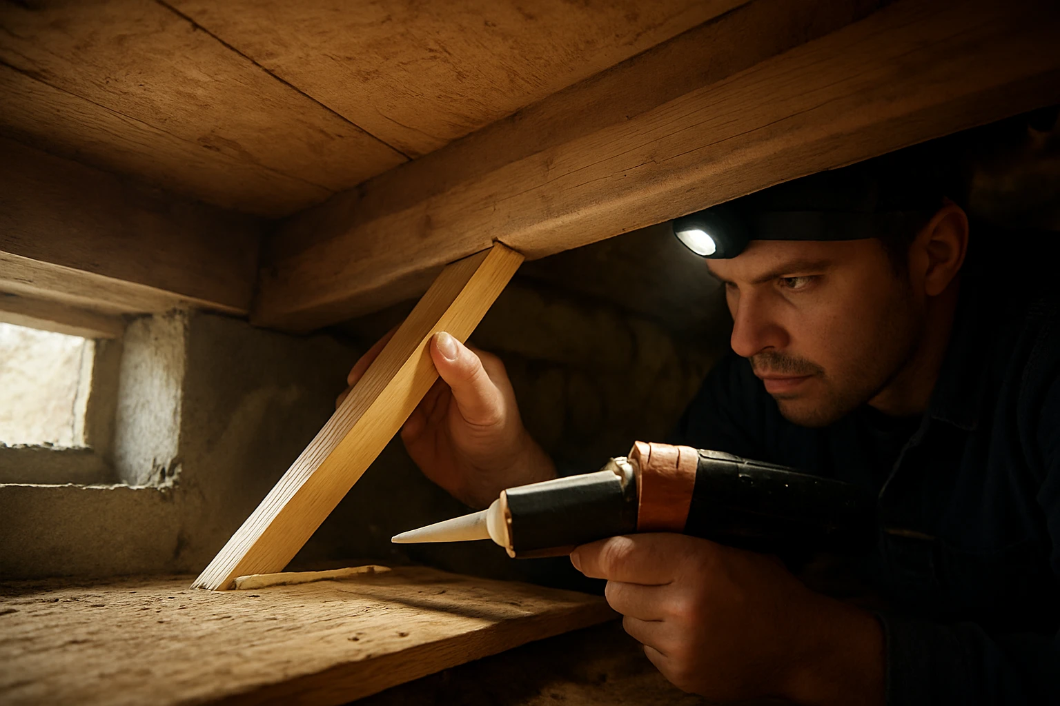 Person installing wooden shims and applying construction adhesive between subfloor and joist in a basement crawl space.