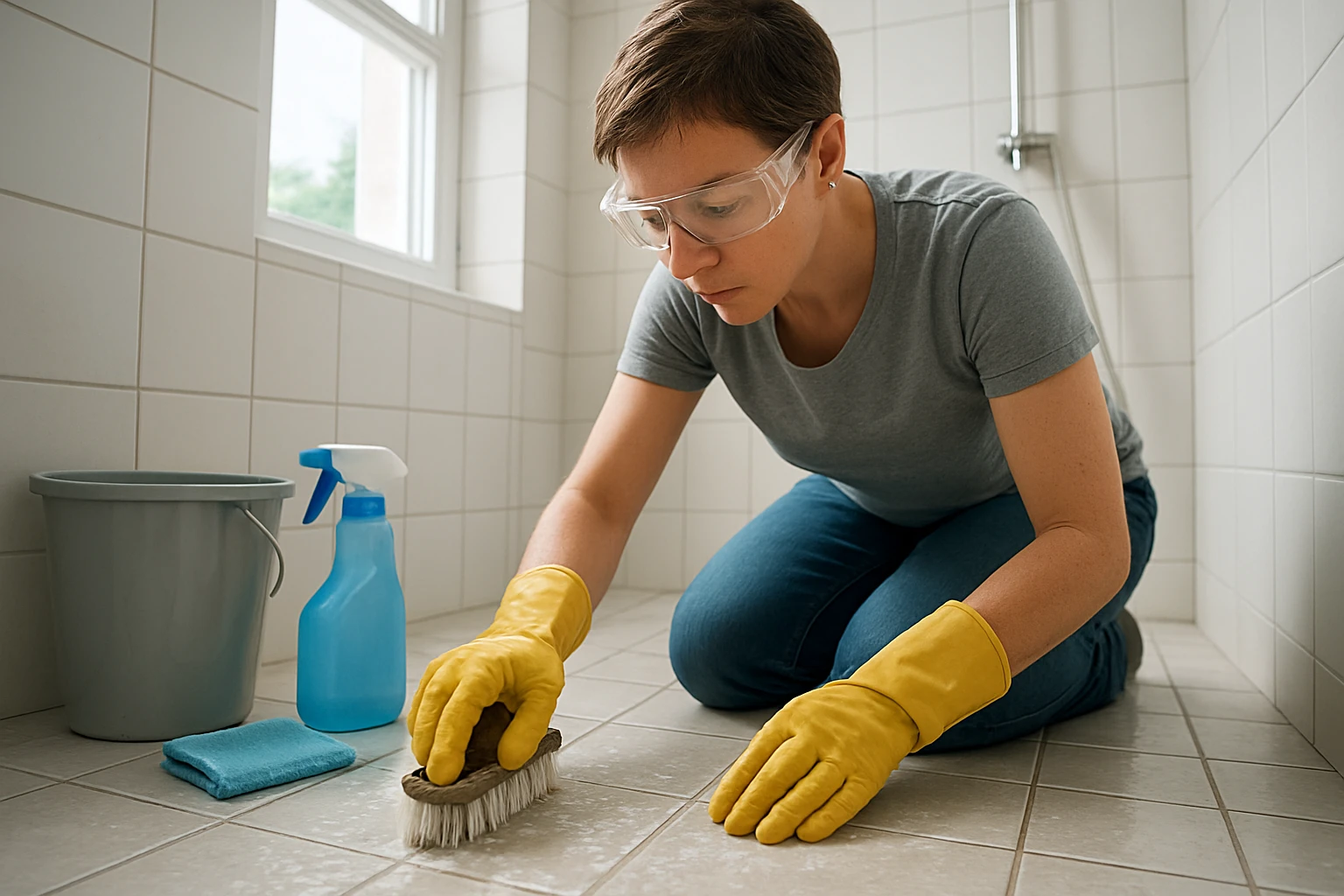 Person kneeling outside a shower scrubbing grout between white ceramic tiles with a stiff brush, wearing rubber gloves and sa