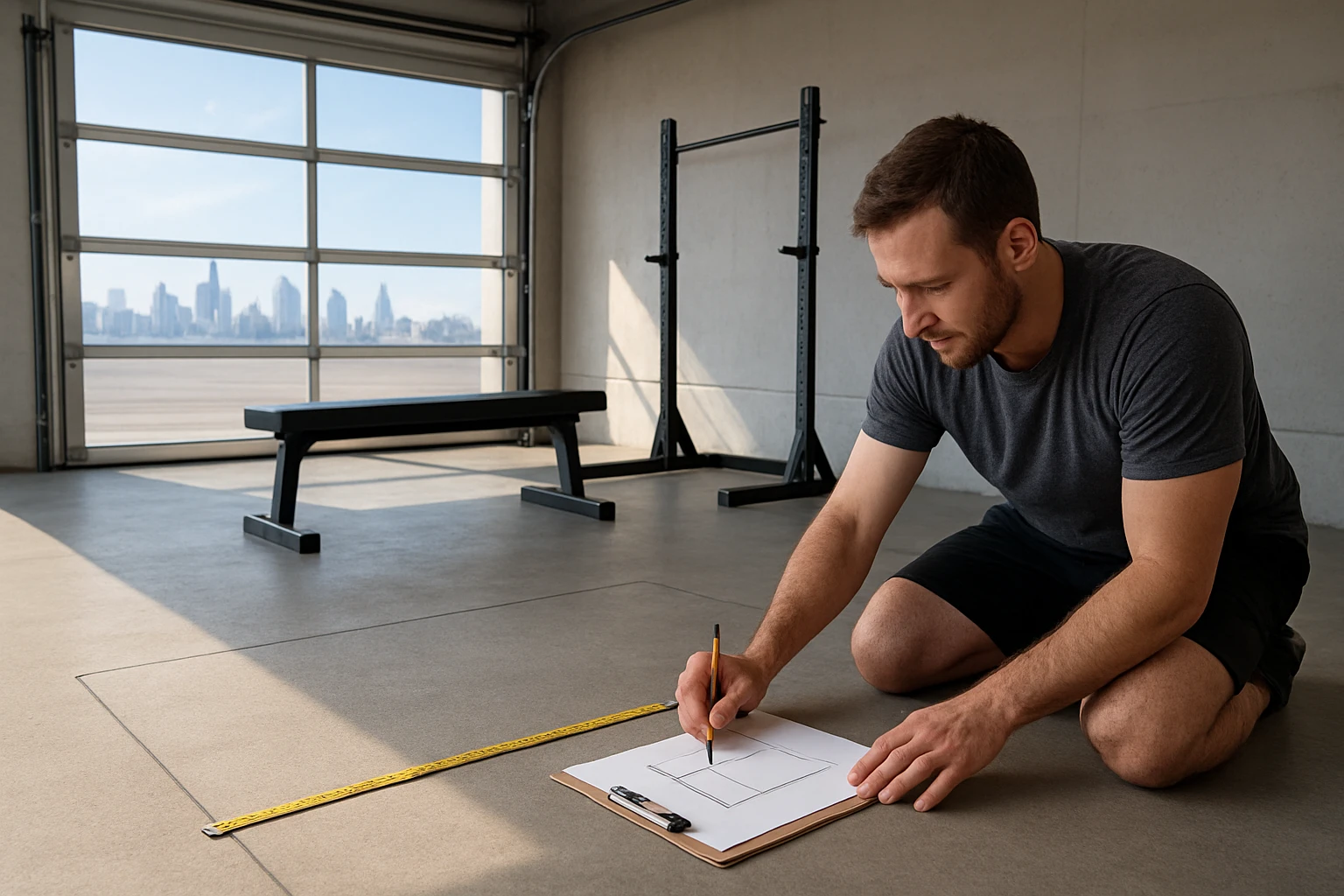 Person measuring a home gym floor with a tape measure and sketching a simple floor plan beside a bench and squat rack.